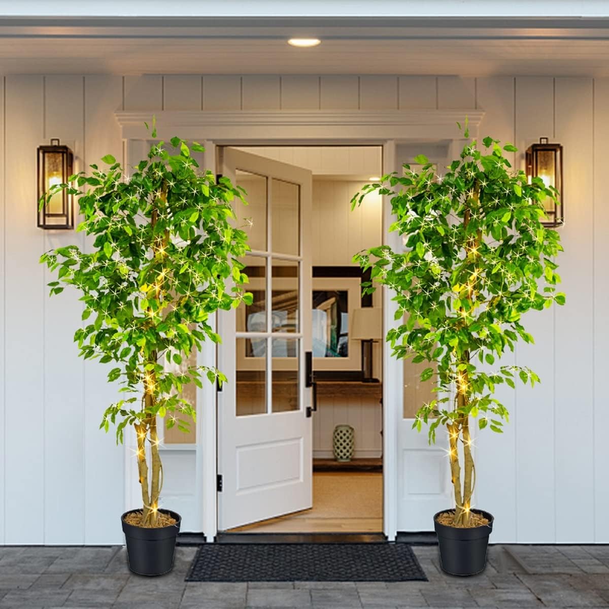 Goeswell 5.9ft Artificial Lighted Ficus Tree, Potted Fake Tree with 200led String Lights&Remote Control, Real Trunks Artificial Leaves, Nearly Natural Plants, One Artificial Trees for Home Decor