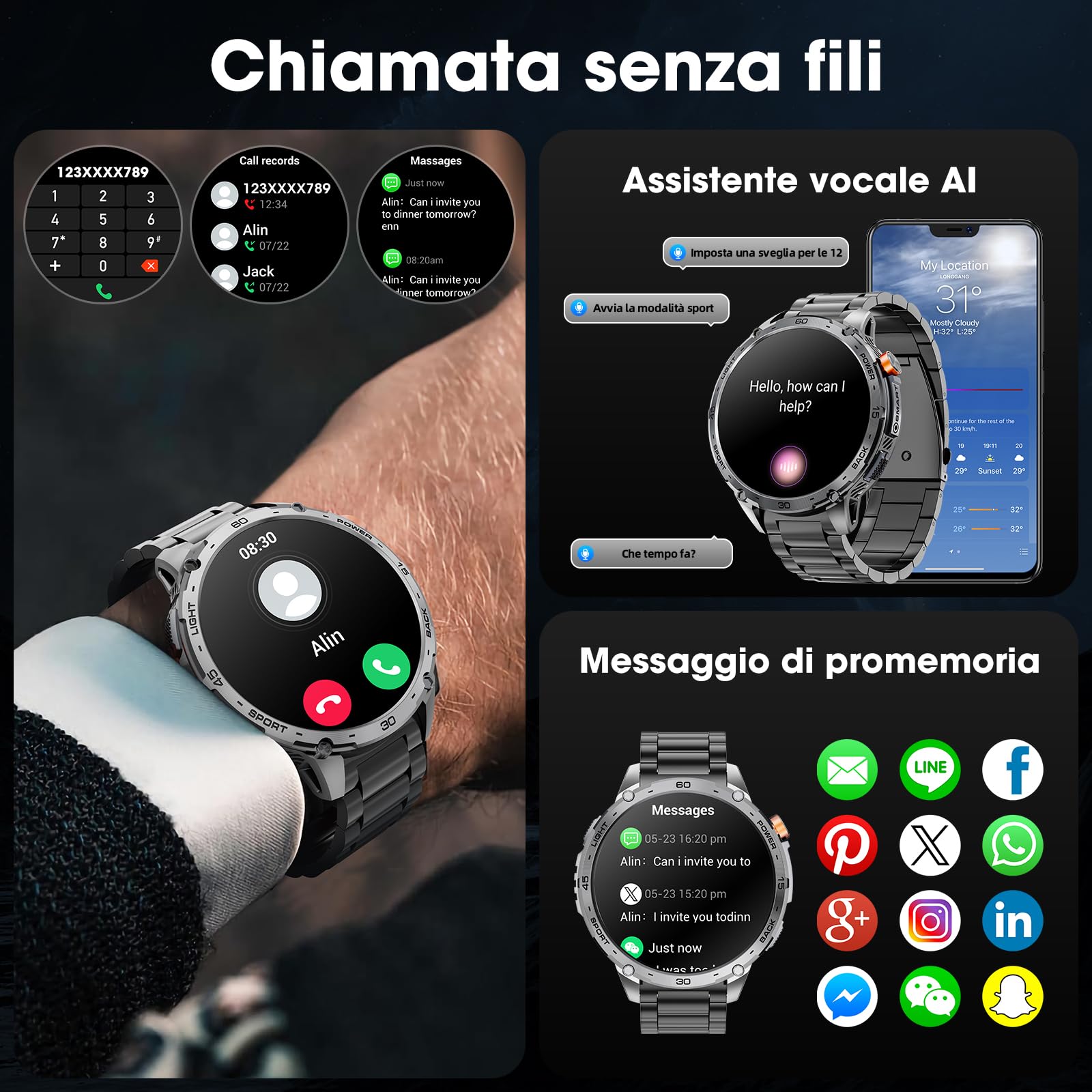 Smartwatch Uomo 1.75" HD AMOLED 730mAh Orologio Smartwatch con Torcia LED Militare Smartwatch Compatibile iOS Android (Risposta alle Chiamate Bluetooth) Smart Watch con Sonno/Cardiofrequenzimetro