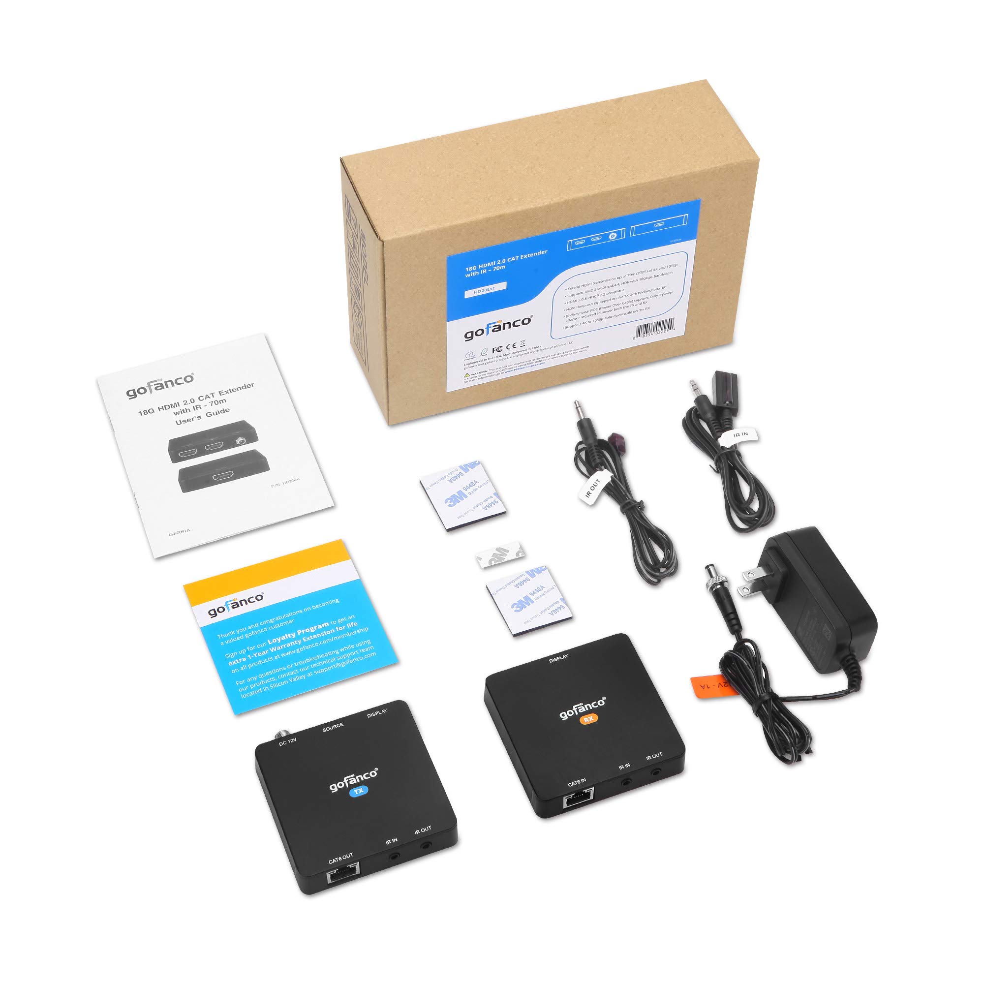 gofanco Cavo Ethernet 4K HDMI 2.0 Extender Balun Over CAT6 - Loopout su TX, fino a 200 piedi a 4K a 60Hz YUV 4:4:4, HDR, 18Gbps, HDCP 2.2, IR bidirezionale, PoC, 4K a 1080p Downscale (HD20Ext)