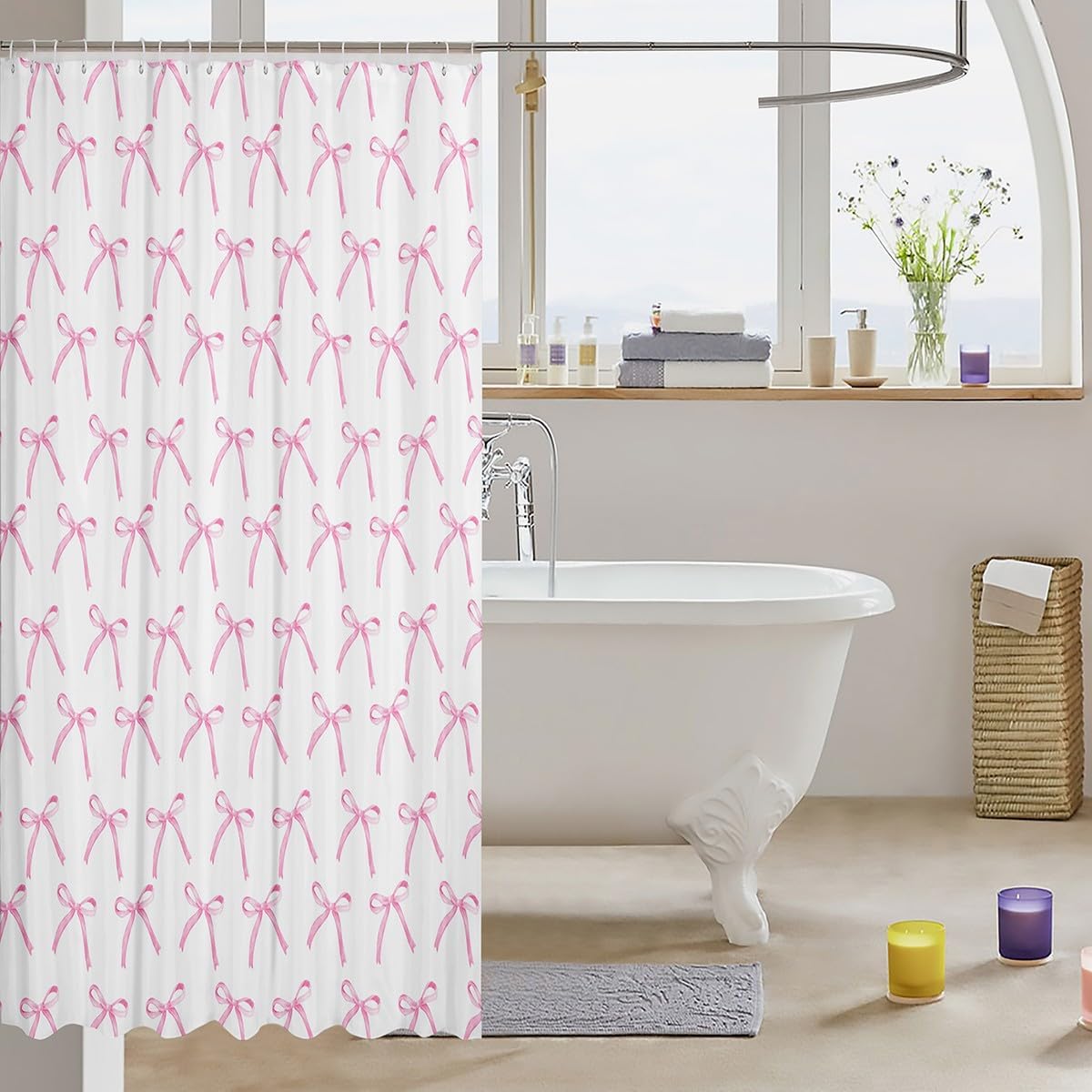 Manfei Cartoon Bowknot Kids Shower Curtains,Pink Bow Tie Butterfly Knot Princess Bathroom Curtains for Girls Women,Watercolor Bow Patchwork Pink White Waterproof Curtains,12 Hooks Suits,72" W x 84" L