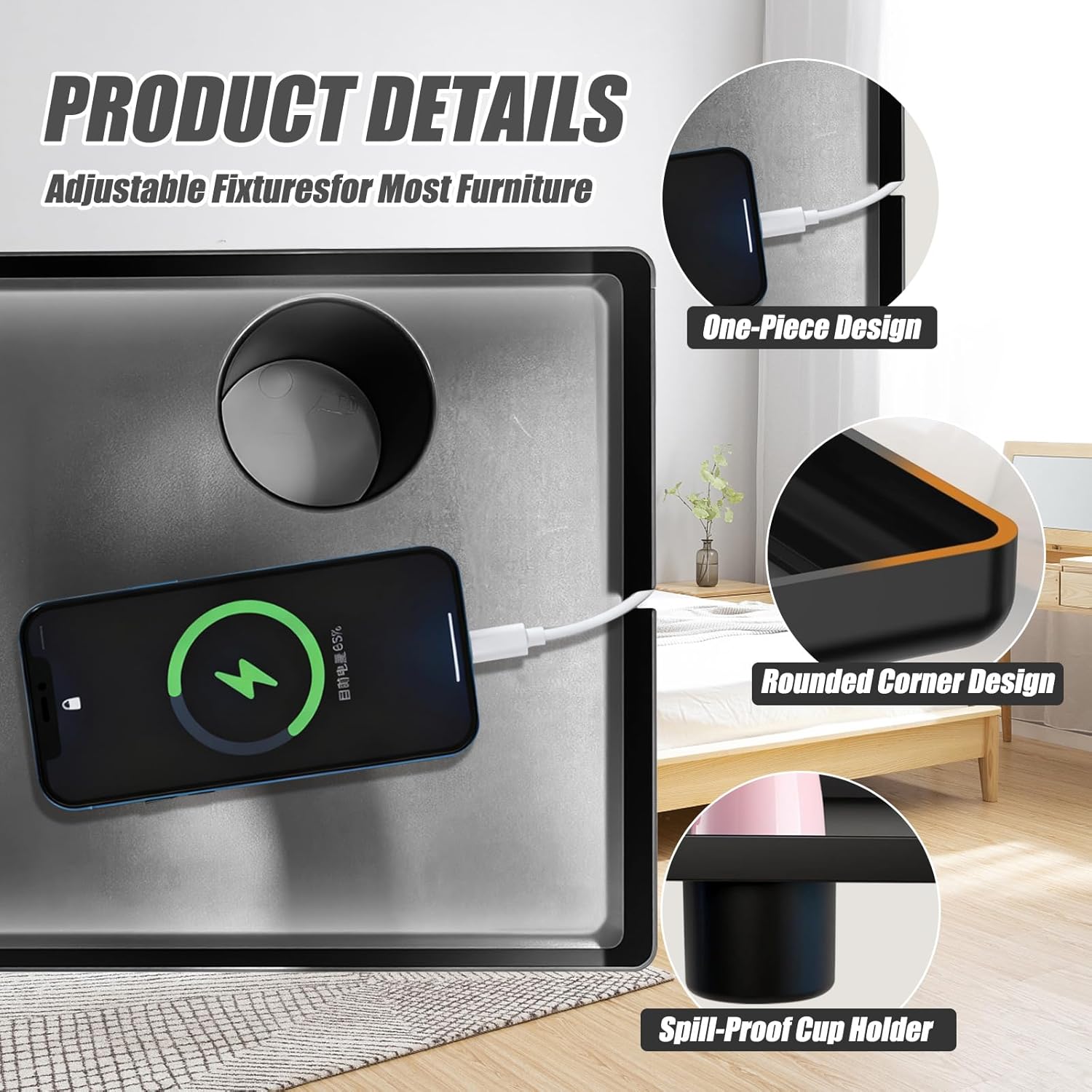 Bedside Shelf for Bunk Beds & Top Bunk, Clip On Nightstand, Bed Side Table Tray Organizer, College Dorm Room Essentials, Bed Side Table Storage with Cup Holder (Black)