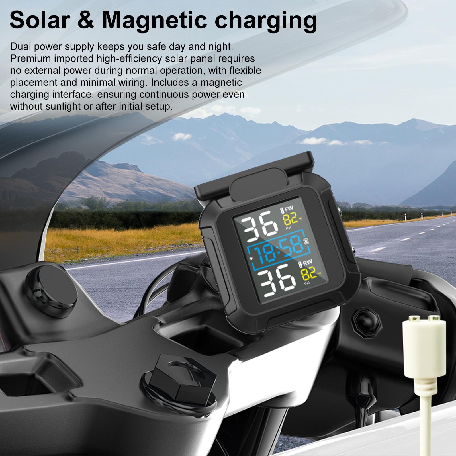 Dual-Reifendruckanzeigemonitor mit Solar, USB-Ladung, Echtzeitalarmen für Sichere Fahrten, Eingebaute Batterie und Externe Sensoren, Reifendruck und Temperaturüberwachungssystem