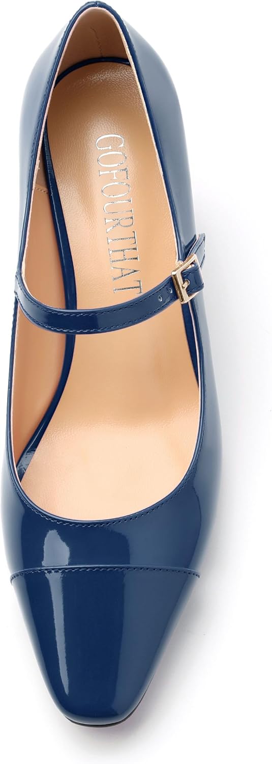 Women's Mary Janes Block Chunky Heels Square Closed Toe Patent Pumps 2.5 Inch Comfortable Work Dress Shoes - Image 4