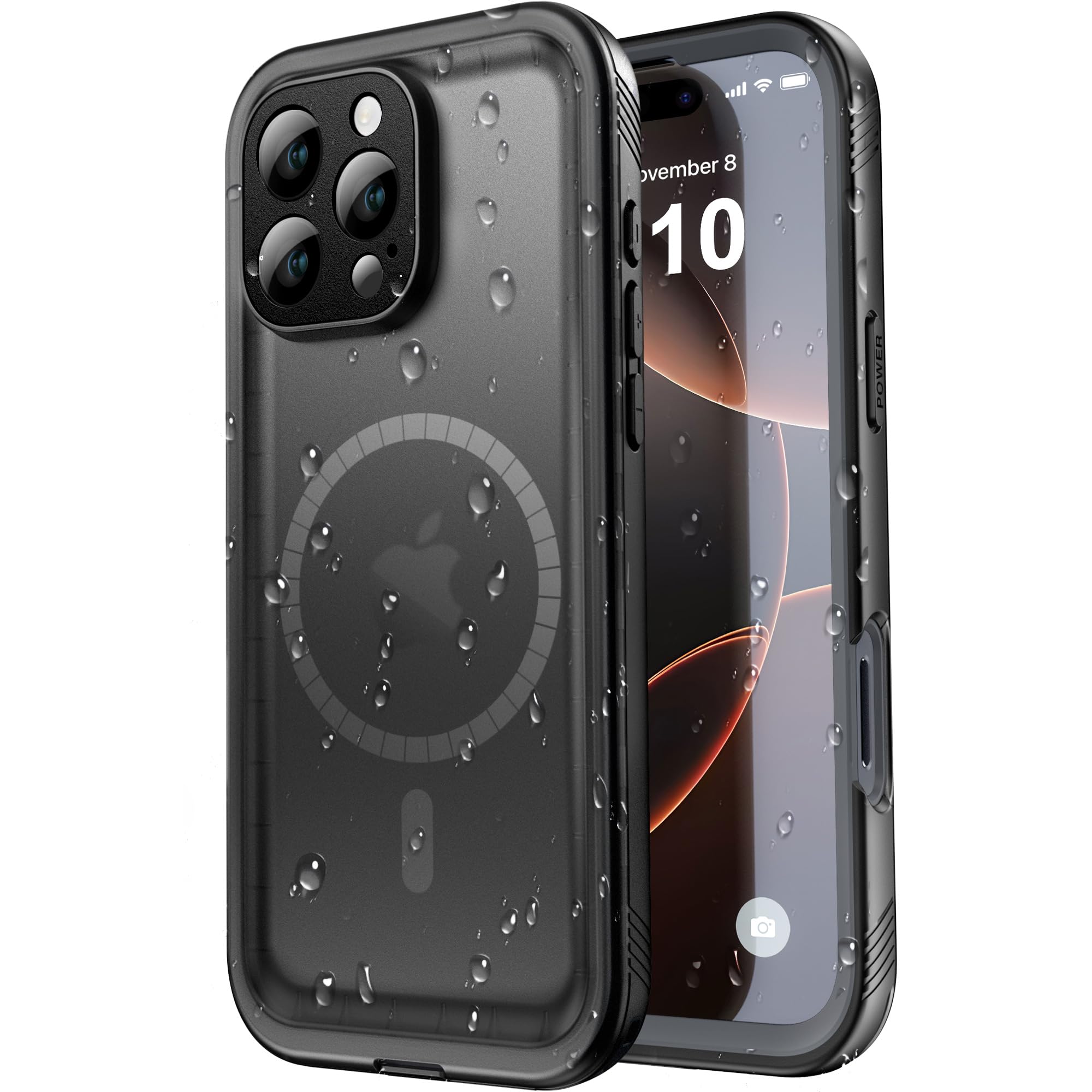 SPORTLINK iPhone 16 Pro max 用 防水ケース iPhone 16 pro max MagSafe 用 ケース 完全防水 IP68防水等級 マグネット搭載 MagSafe対応 防雪 防塵 耐衝撃 360°全面保護 フェイスID カメラ調整ボタン 高透光性 レンズ保護 ストラップ付き iPhone 16 pro max 防水ケース お風呂 6.9インチ 適用 (ブラック)
