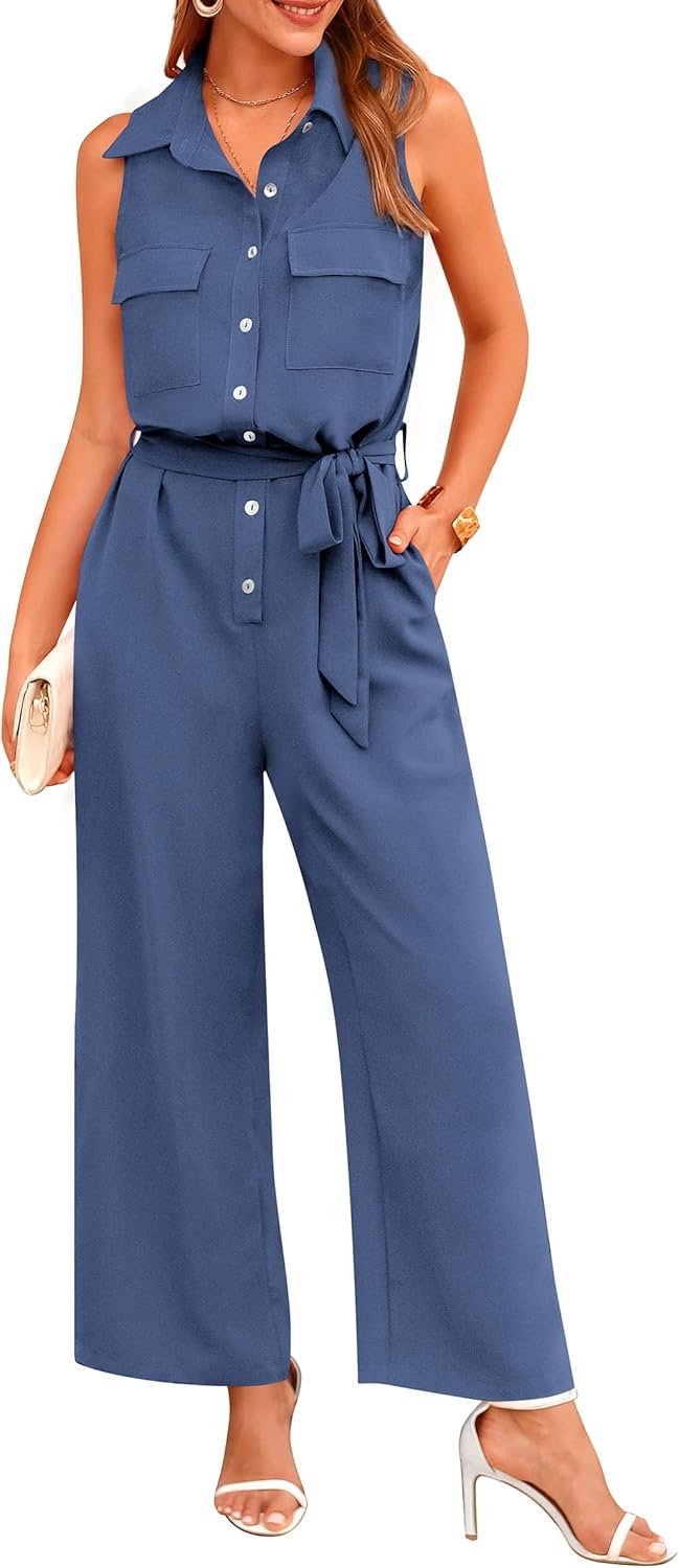 PRETTYGARDEN Women’s Summer Jumpsuits Dressy Casual Sleeveless Button Up Belted Long Pants Rompers