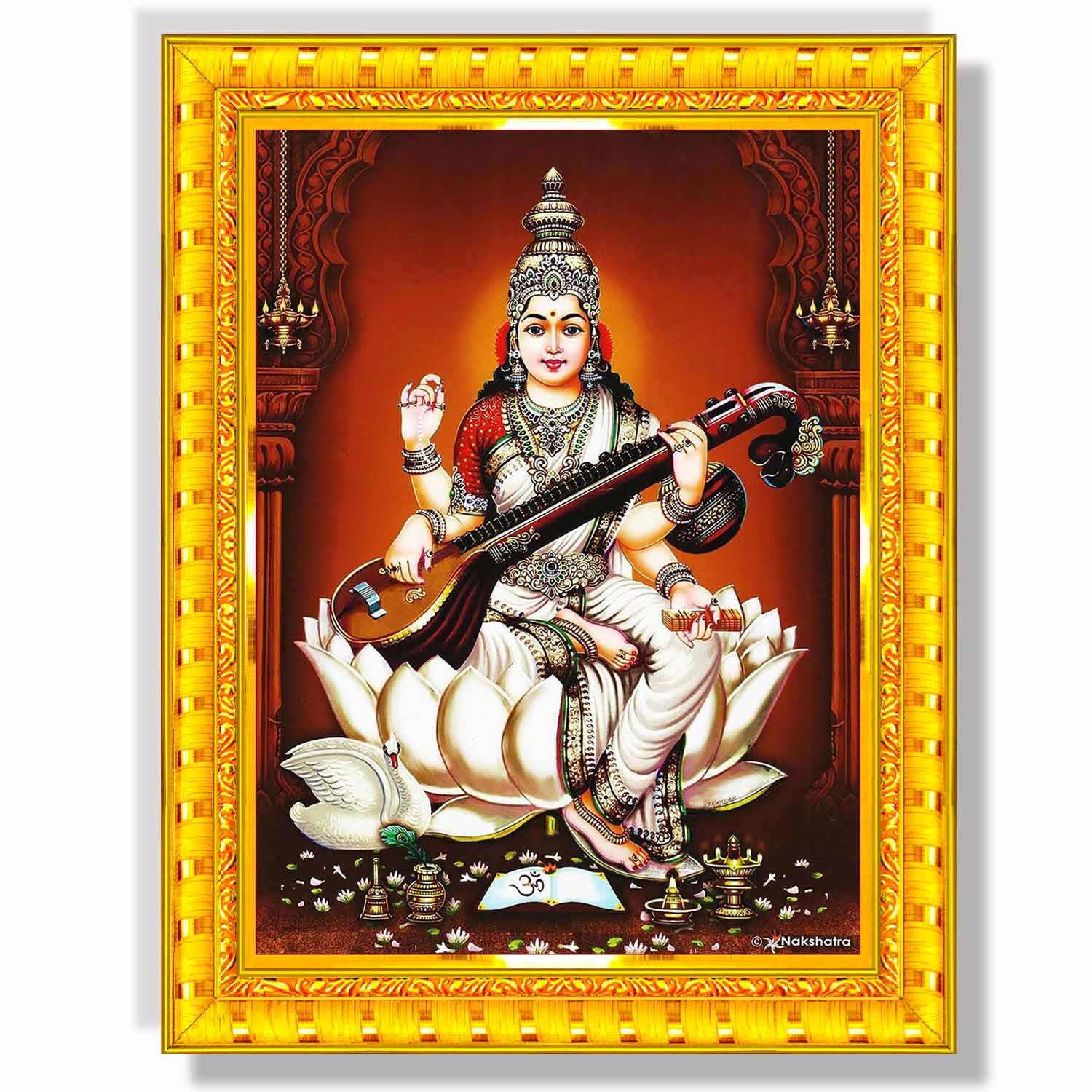 Pavan Photo Laminations Saraswati Devi Goddess Saraswathi Maa Wall Painting Framed Home Decor (Wood,Matte,Gold,Big Size,10 x 12 Inch) R710M
