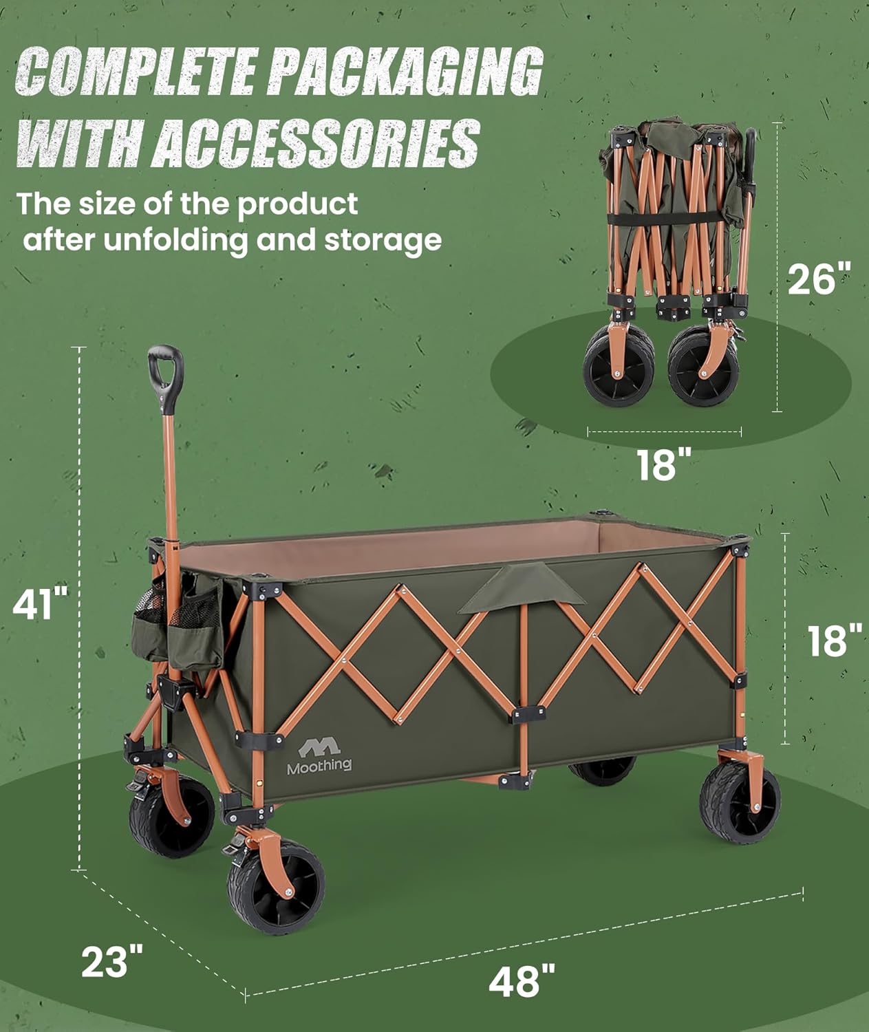 48”L Foldable Wagons Carts Extended, Collapsible Folding Wagon 500lbs Heavy Duty, 400L Large Beach Wagon, Utility Wagon with All Terrain Big Wheels for Sports, Camping, Grocery, Garden, Black