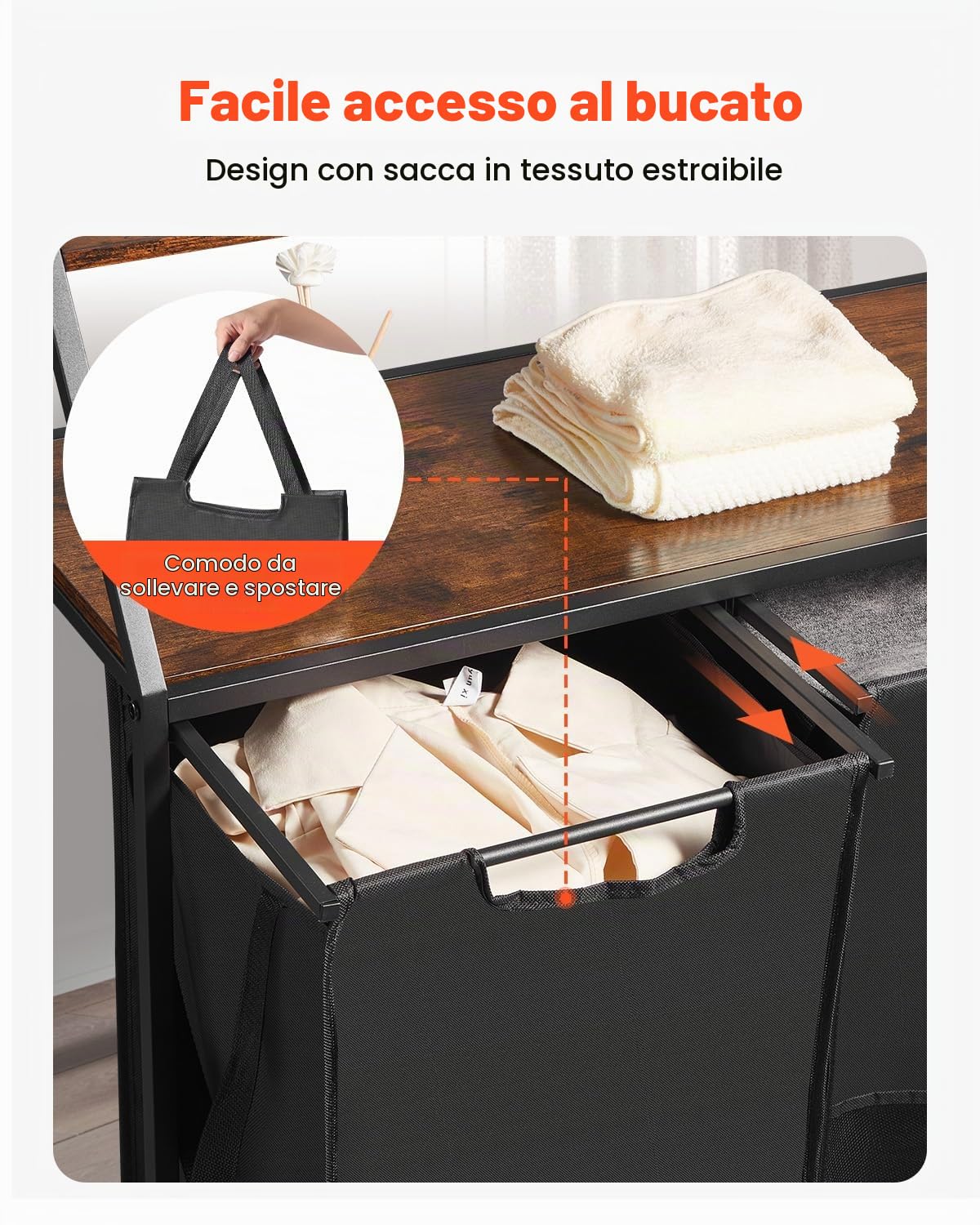 VEVOR Cesto Portabiancheria a 2 Ripiani, Cesto Portabiancheria con Ruote a 3 Scomparti, Struttura in Metallo, Piano Superiore in Legno, Sacchetti in Tessuto Oxford 600D, per Vestiti Sporchi