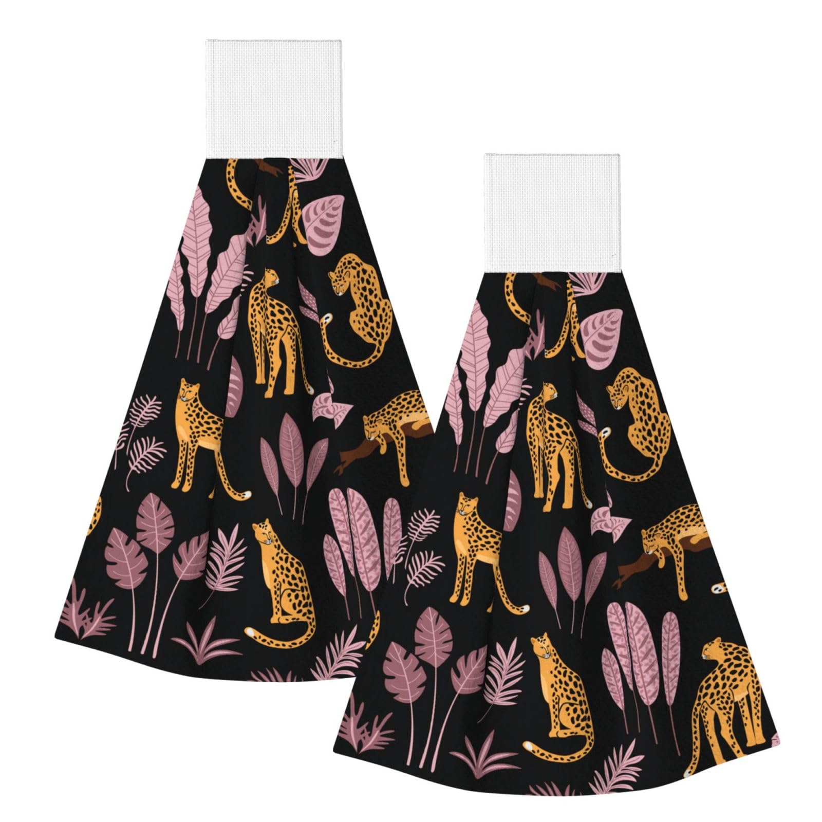 DOPKLNA Leopard Tropical Pattern, 2 Pcs Hanging Coral Fiber Hand Towels for Bathroom, Absorbent Kitchen Towels