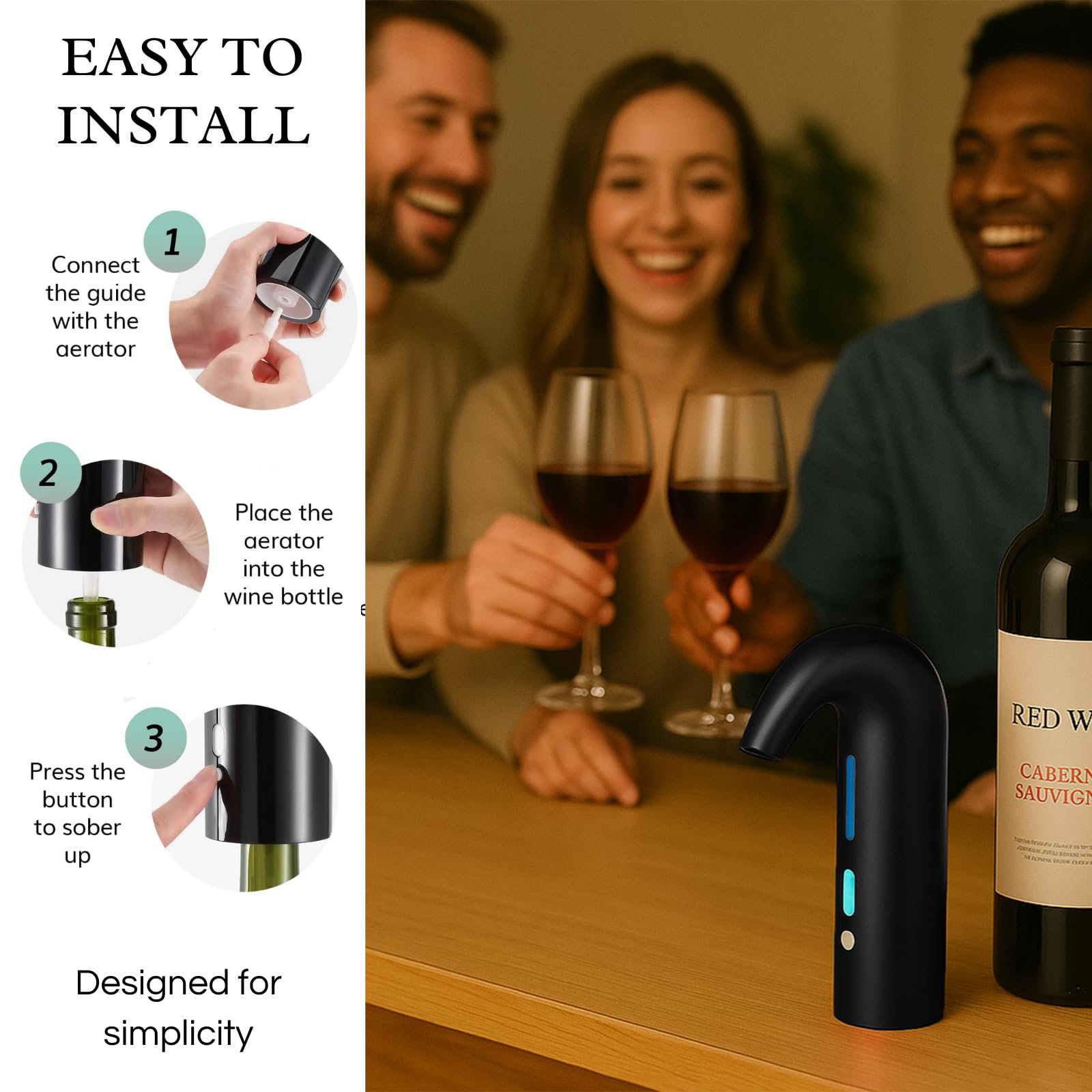 Aérateur de vin électrique – Accessoire de vin portable de qualité supérieure pour vins rouges et blancs, aération tactile pour vin et spiritueux – Débutant et amateur – Bec verseur – Cadeaux de vin