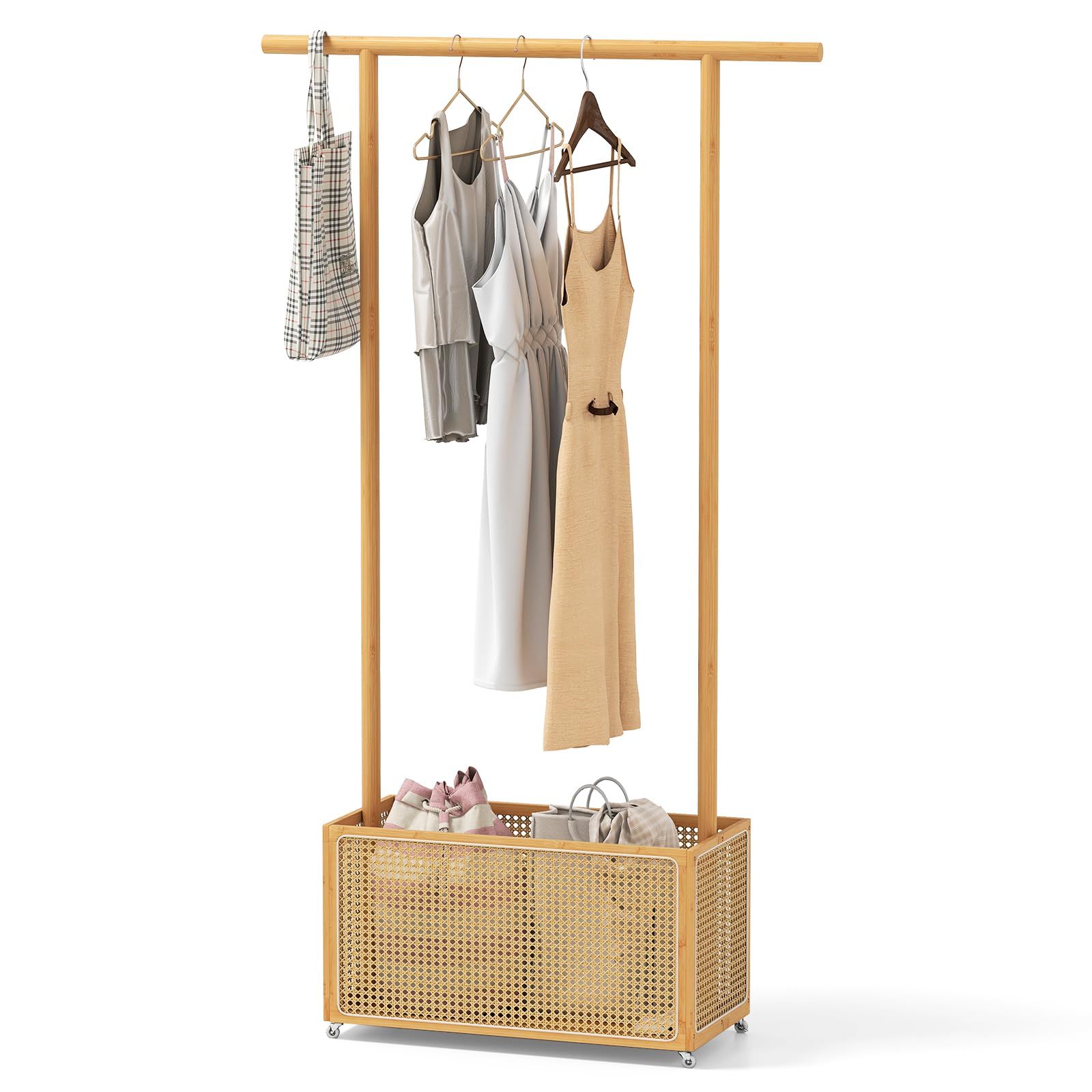 COSTWAY Bamboo Clothes Rail, Rolling Garment Clothes Rack Coat Stand with Rattan Storage Basket, Hanging Rail and Wheels, 2-In-1 Clothing Hanger Organiser for Bedroom Closet Hallway (Natural)
