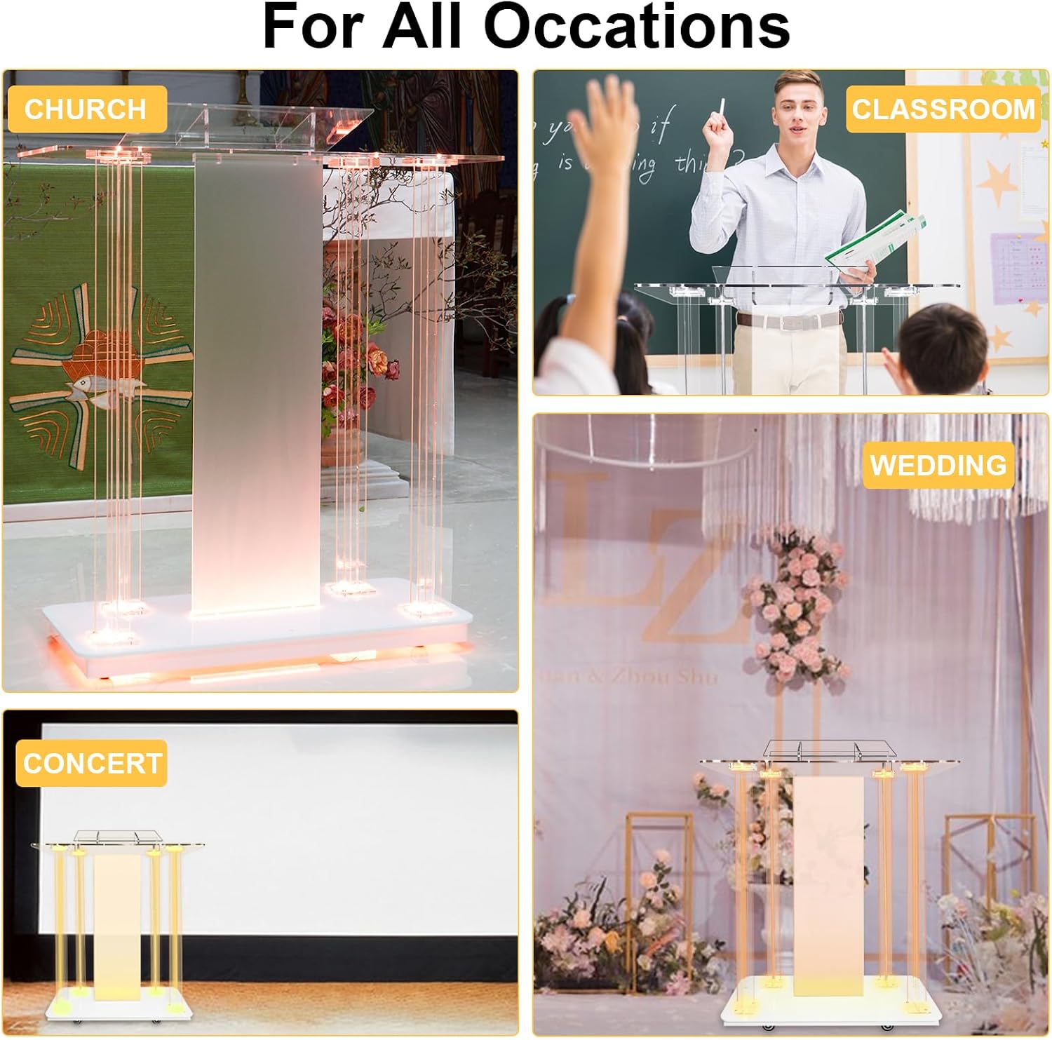 Church Pulpit with Led Lights, 46” Acrylic Pulpits for Churches, Transparent Podium Stand with Wheels& Spacious Reading Platform, Clear Lectern for Speech (39.4”L*15.7”W *44”H)