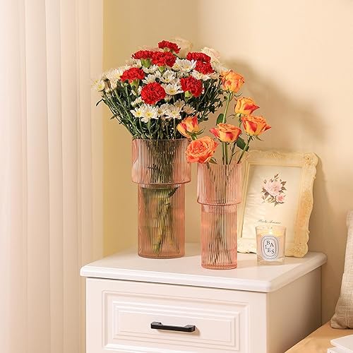 Miniatura 2 de Jarrón de cristal rosa, juego de 2 jarrones de vidrio acanalado, jarrón estriado, florero alto, jarrón de vidrio grande, jarrón moderno para sala de