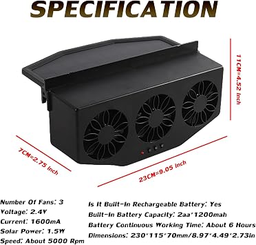 Car Solar Powered Exhaust Fan Vehicle Window Exhaust Fans Auto Ventilation Radiator Cooling Fan with 3 Air Outlets Car Vent Cooler (Black)