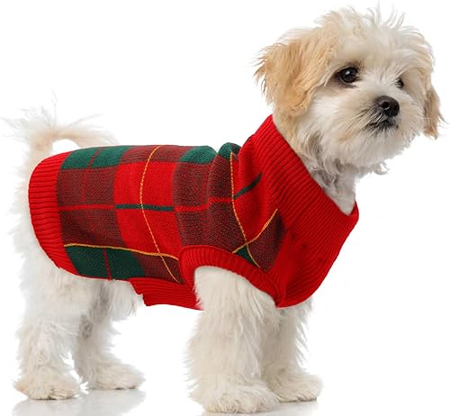 Miniatura 13 de PUMYPOREITY Suéter Clásico a Cuadros para Perro con Agujero para Correa, Tejido de Punto Cálido y Elástico para Perros Pequeños y Medianos, Suéter