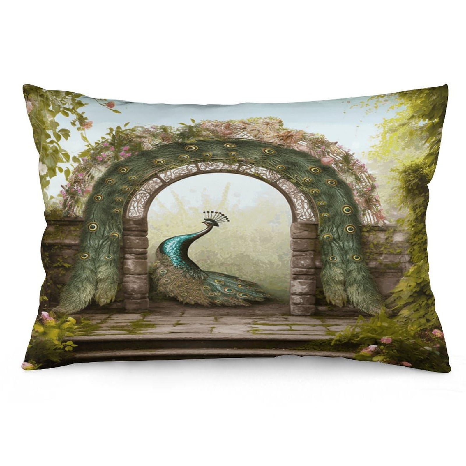 asbwuo Rectangular Decorative Throw Pillow Cover Soft Cushion Cover Garden Arched Door Peacock Queen Pillow Cases for Couch Sofa Living Room Bed