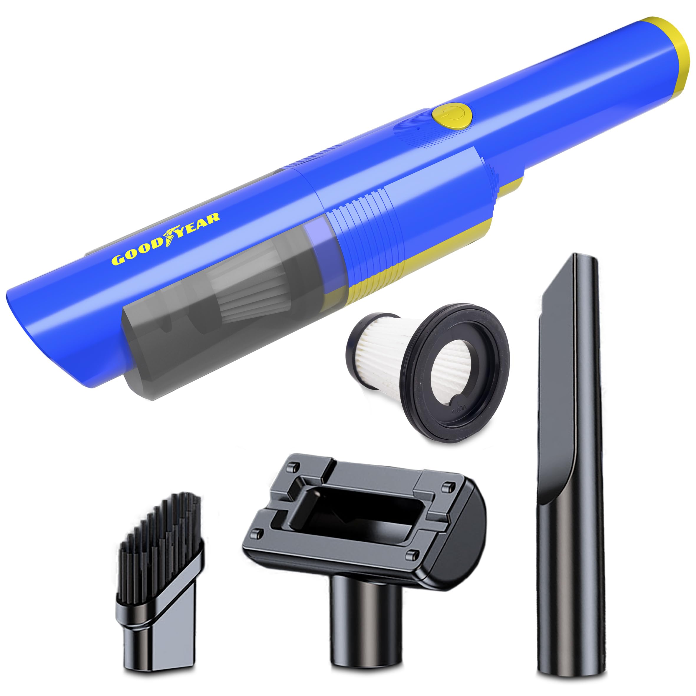 Goodyear Lineo Aspirador Portátil sin Cable para Coche, Hogar u Oficina. Motor 50W con Succión de 5.000Pa, Batería 1800mAh, Carga USB-C. Depósito 125 ml, Diseño Compacto y Silencioso