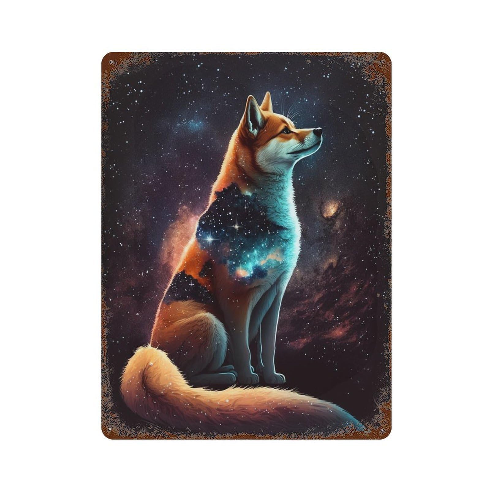 Vintage Rust Metal Sign Cosmic Fox Art Print 15.7"x11.8", Old School Wall Decor for Office, Studio And Wall Decor
