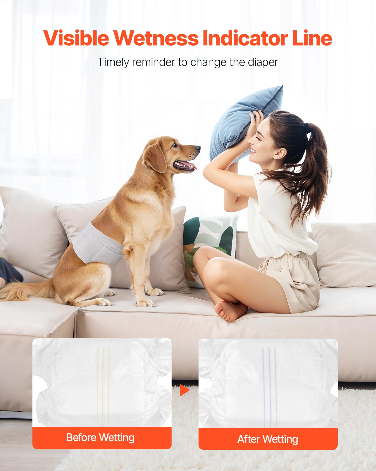 VEVOR Couches Jetables pour Chiens Mâles, 96 Pièces, Bandes Ventrales Anti-fuites Super Absorbantes Taille M, Indicateur Humidité, pour Chiens Mâles Chaleur, Entraînement, Incontinence, 2 Lots de 48