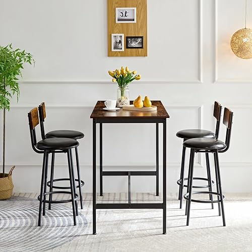 Miniatura 3 de Juego de mesa y sillas de bar para 4, 5 piezas de madera industrial para cocina, mesa de comedor de altura con 4 sillas tapizadas de poliuretano con