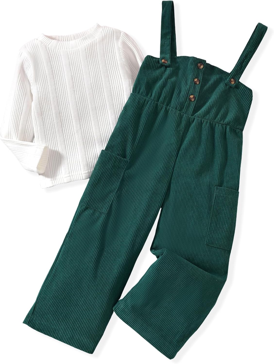 HINTINA Toddler Girl Cloth Long Sleeve Tee Corduroy Button Down Pinafore Overall Jumpsuit 2 Pieces Outfits