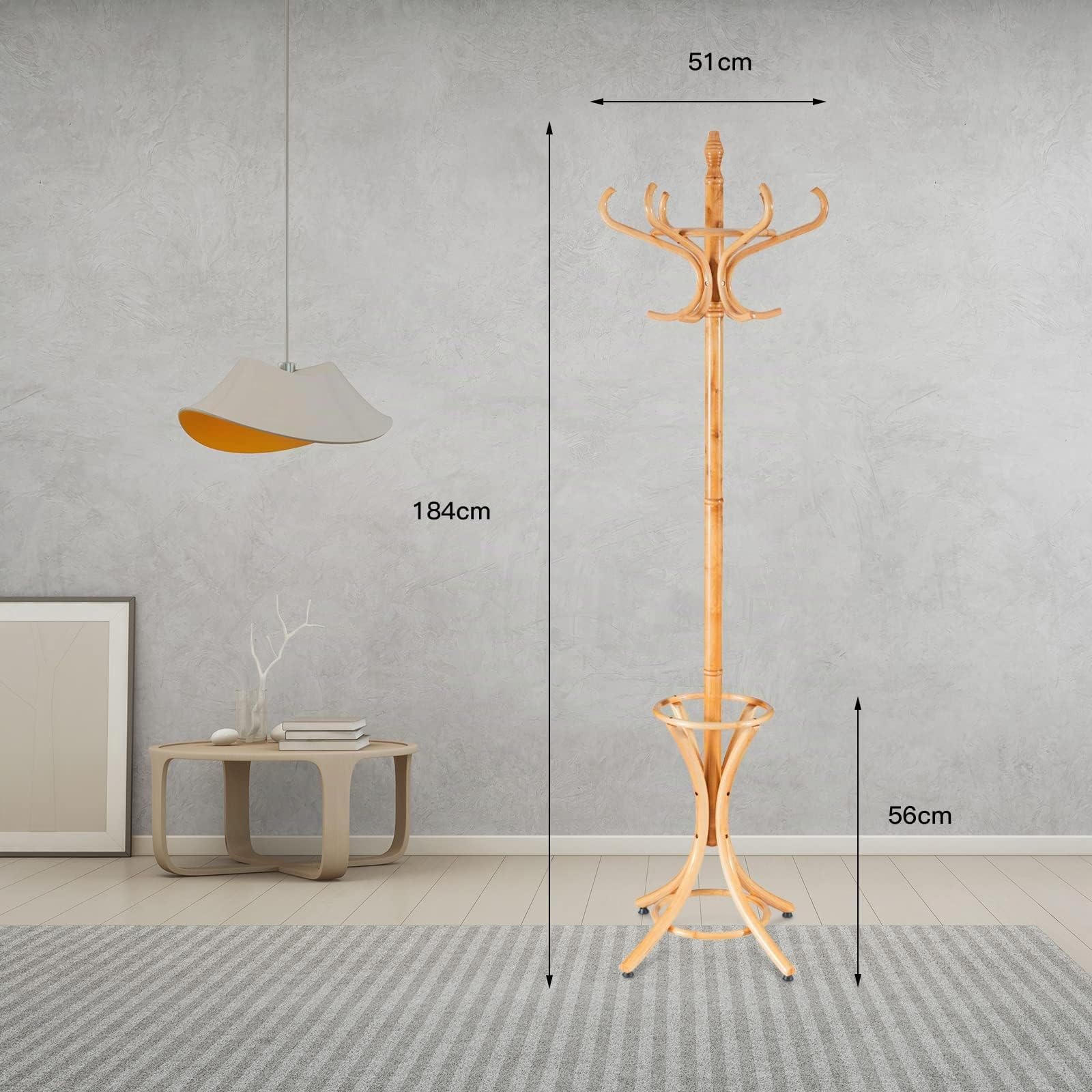 RELAX4LIFE Appendiabiti da Terra con Portaombrelli, Legno Massello, Attaccapanni Alto 184 cm, con 8 Ganci e Piedini, Stand Appendiabiti per Ingresso, Corridoio, Entrata