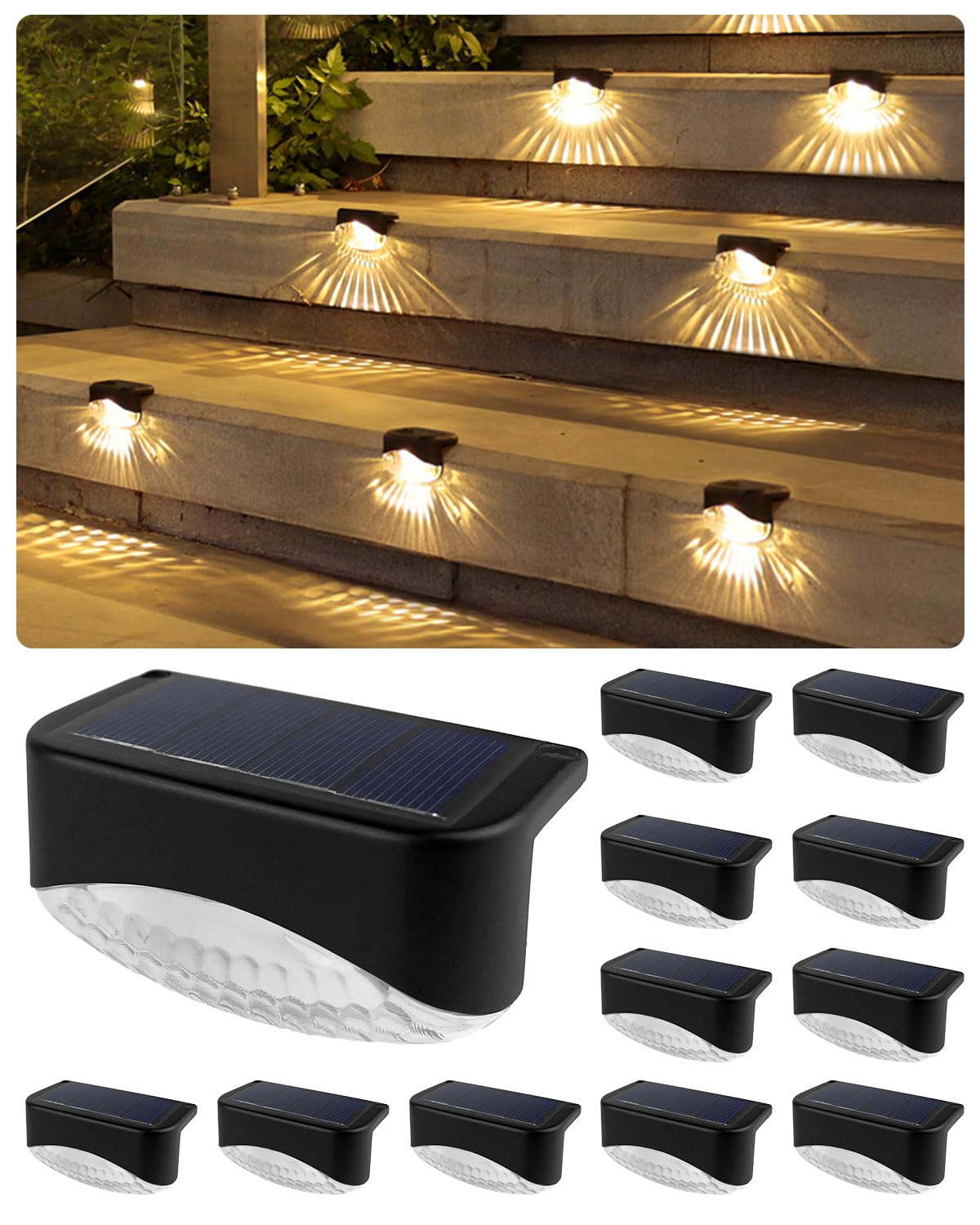 KALAHOL 12 Pack Solar Fence Lights, IP65 Waterproof LED Solar Step Lights Outdoor, Solar Lights Outdoor Garden for Stairs, Fences, Railings, Yards, Pathways and Garden Decorations (Warm White)