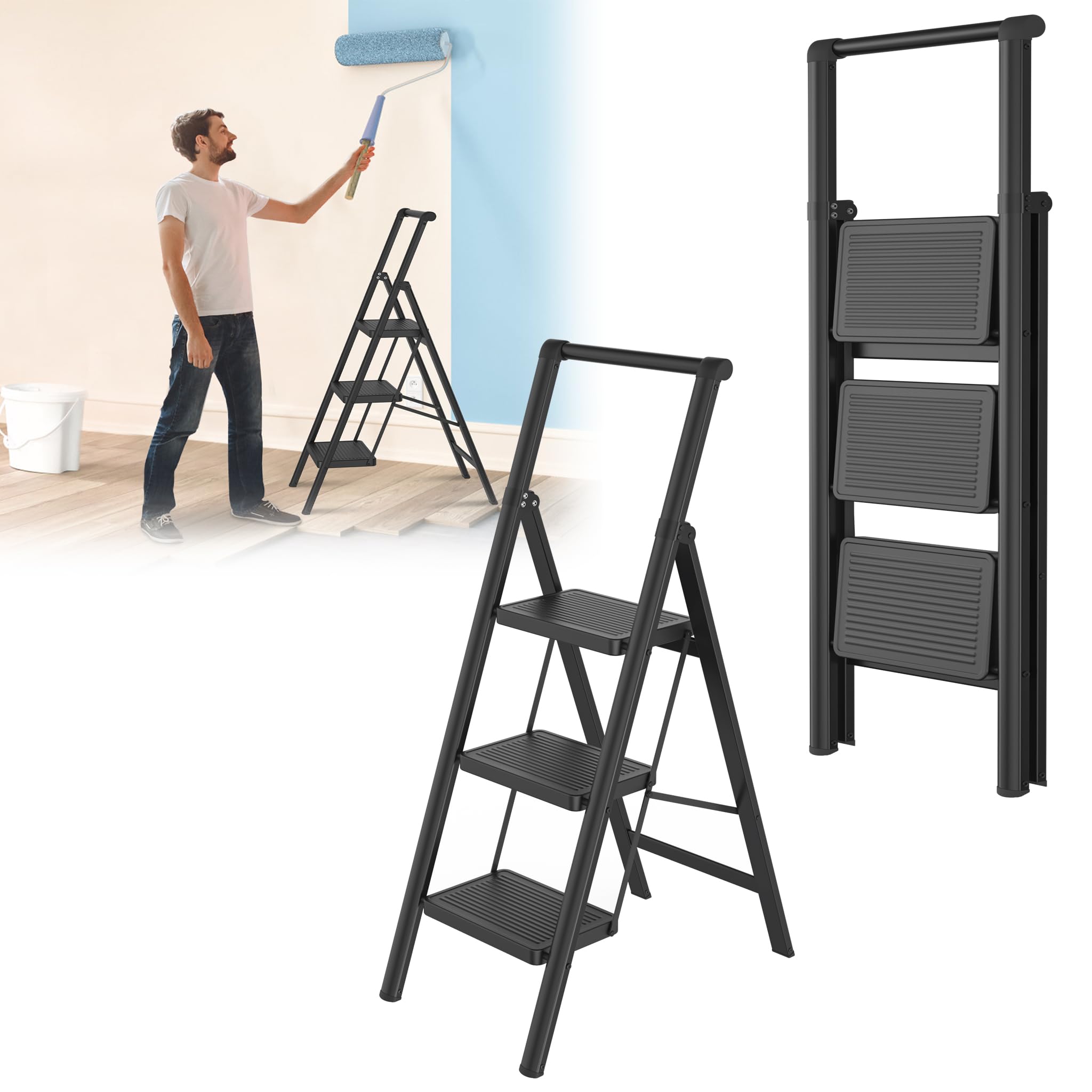 Yunvin Folding Step Ladder, 3 Steps with Handrail, Aluminium Folding Ladder with Anti Slip Feet and Wide Steps, 150 kg Load Capacity, Space Saving, Multifunctional Step Stool, Black
