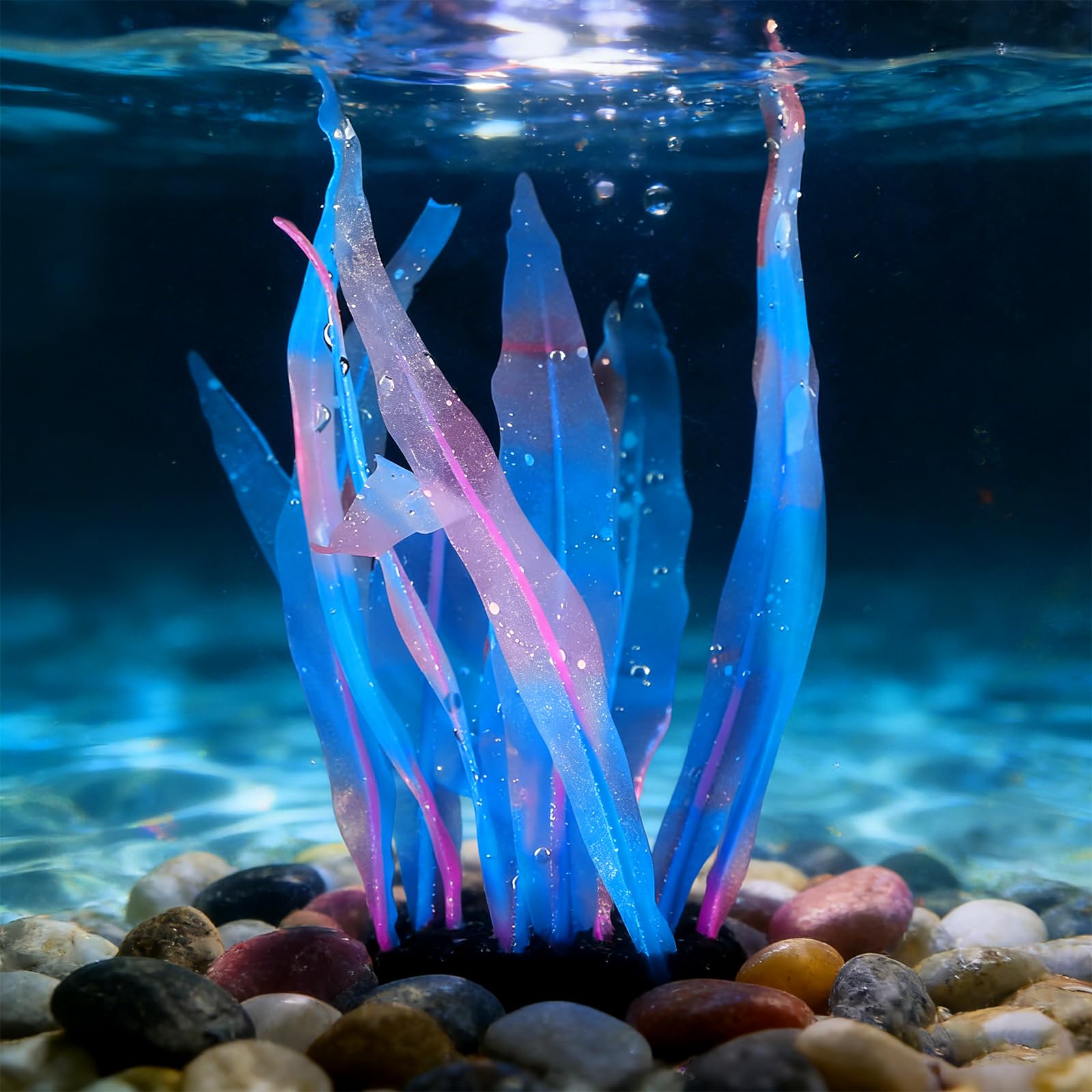 sourcing map Aquarium Decoration, 7"/10"/17" Plastic Fish Tank Plants Artificial Silicone Glowing Kelp Aquarium Plants Ornament, (Blue, 3 Pcs), Intended for Tall Fish Tank Decor/Landscaping