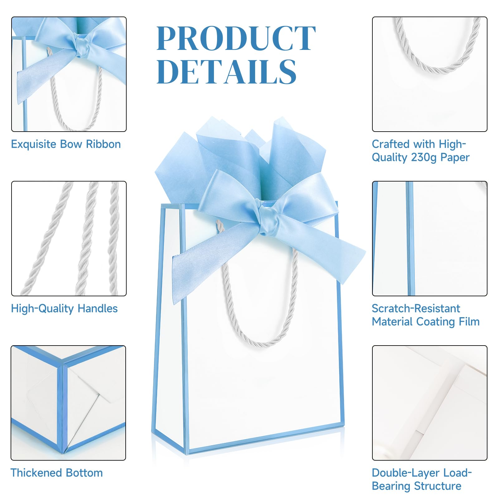 Ethhqu 12 Pack Small Gift Bags with Handles Include Tissue Papers & Cards, 9x7x3.15'' Thank You Gift Bags for Birthday, Baby Shower, Wedding, Bridesmaids, Anniversary, Mother’s Day (White and Blue)