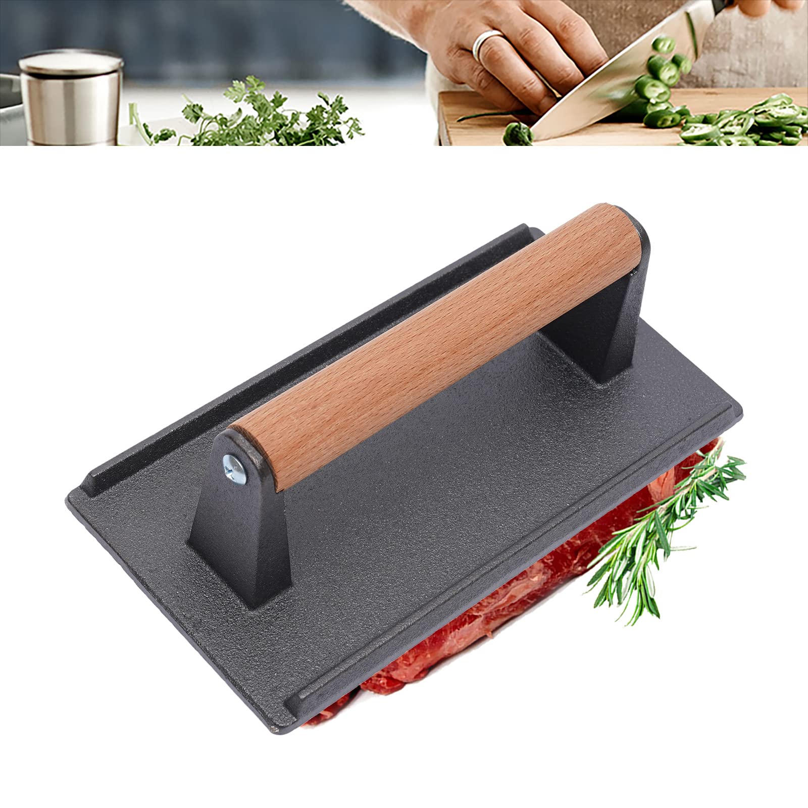 Deinungen Cast Iron Steak,Meat and Bacon Press for Burgers,Grilled Sandwiches,21x10.5cm Non-Stick Grills with Wooden Handle,Meat Pie Maker for Grilled Steaks, Bacon, Teppanyaki and Vegetables