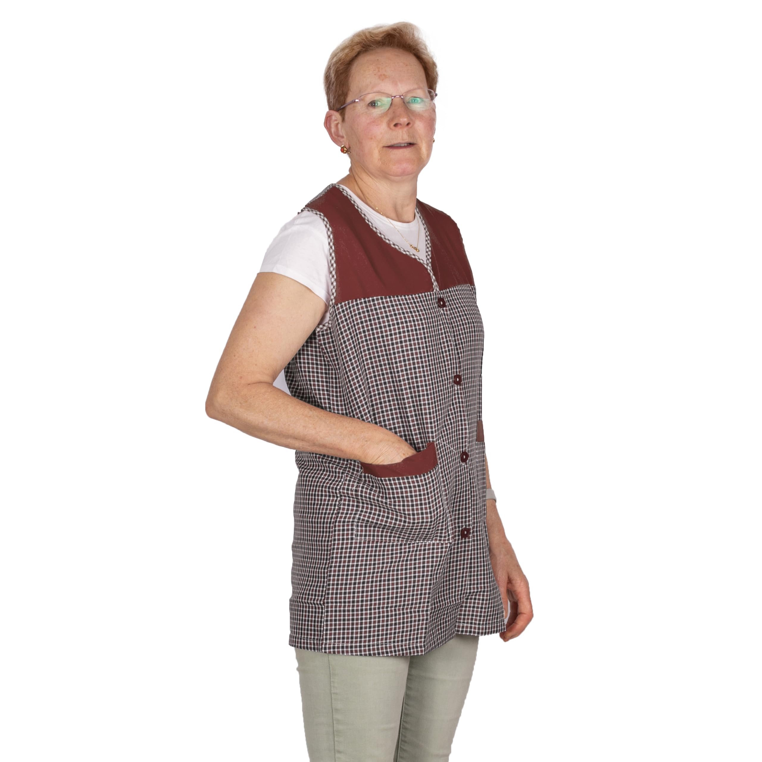 Delantal clásico de cuadros corto para señora - Mandil bata de cocina, limpieza y trabajo cómodo uniforme laboral para mujer