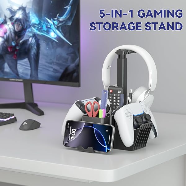 KDDゲームコントローラー スタンド 2個 同時に収納可能 - 多機能コントローラー 収納付きヘッドホン スタンド、スマートフォンホルダとペン立て おしゃれ - 組み立て簡単 頑丈 滑り止め ヘッドホンハンガーPS5/PS4/Xbox PC アクセサリに適用（黒い） - 2