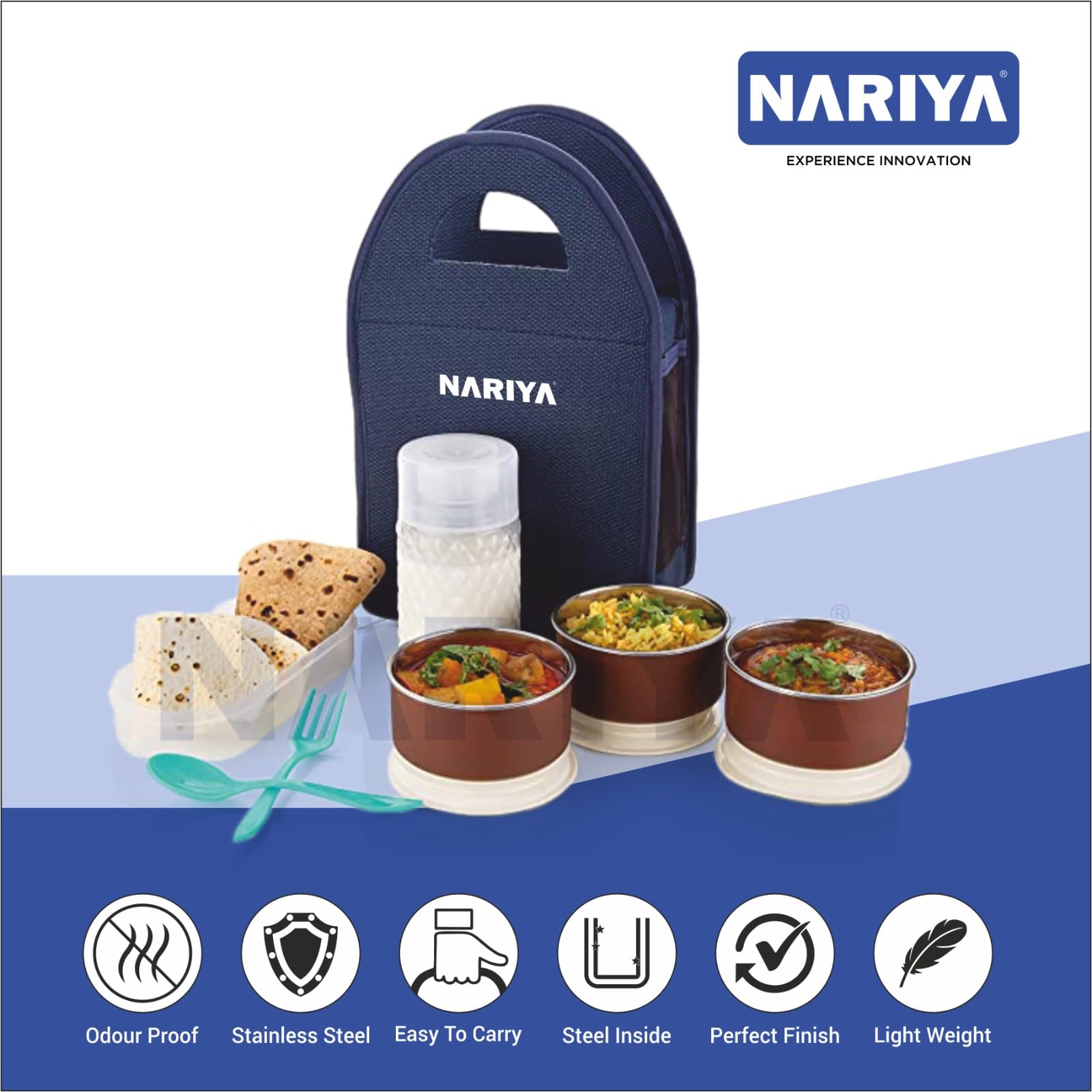 NARIYA Lonchera de acero inoxidable con cazuela, 3 recipientes de acero inoxidable para oficina, caja Tiffin con botella de plástico y cuchara para la universidad, escuela y oficina (1750 ml, azul)