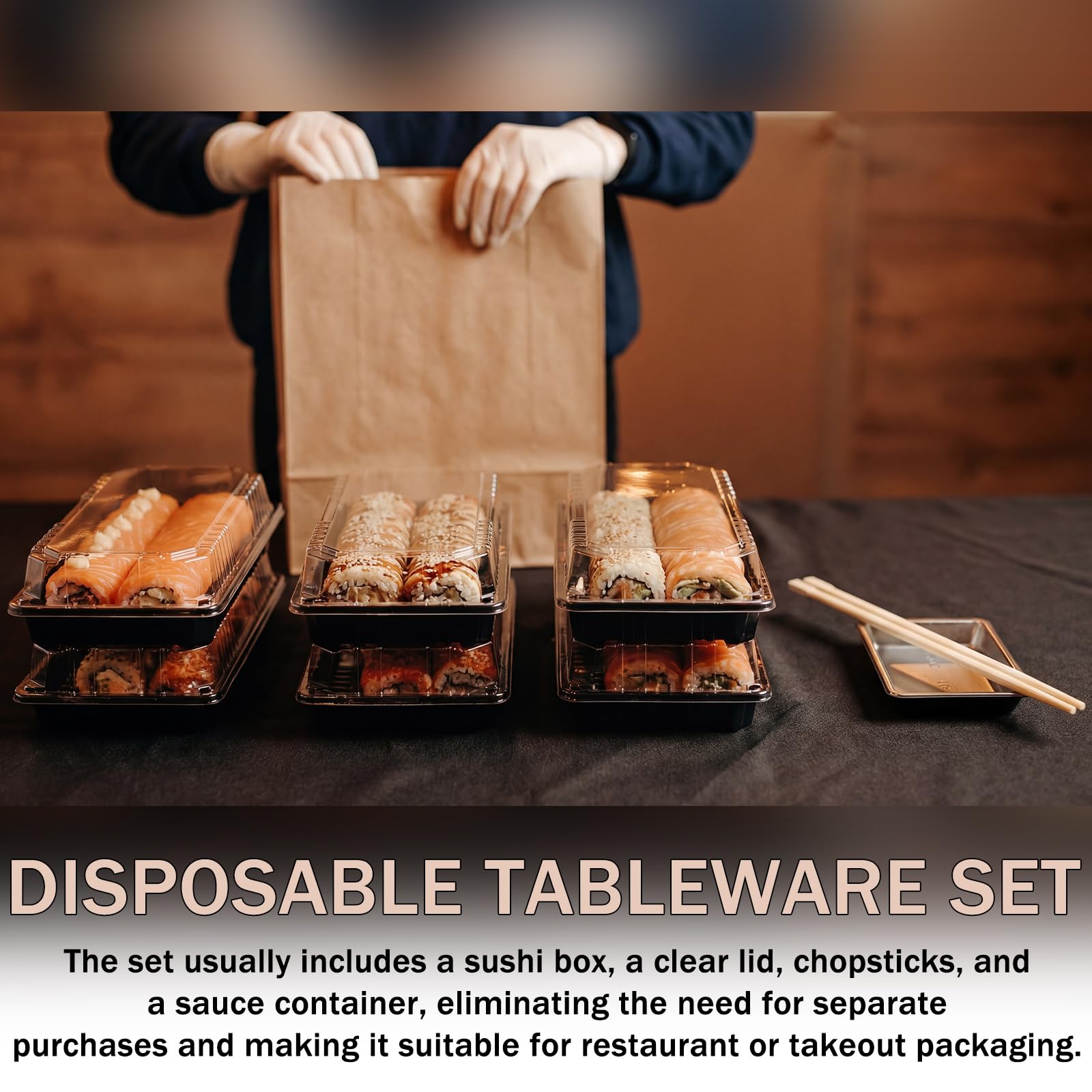 Confezione da 100 vassoi per sushi, include contenitori per sushi con coperchio, 100 paia di bacchette giapponesi in bambù, 100 piatti per salsa di soia, per hot dog, panini, patatine fritte