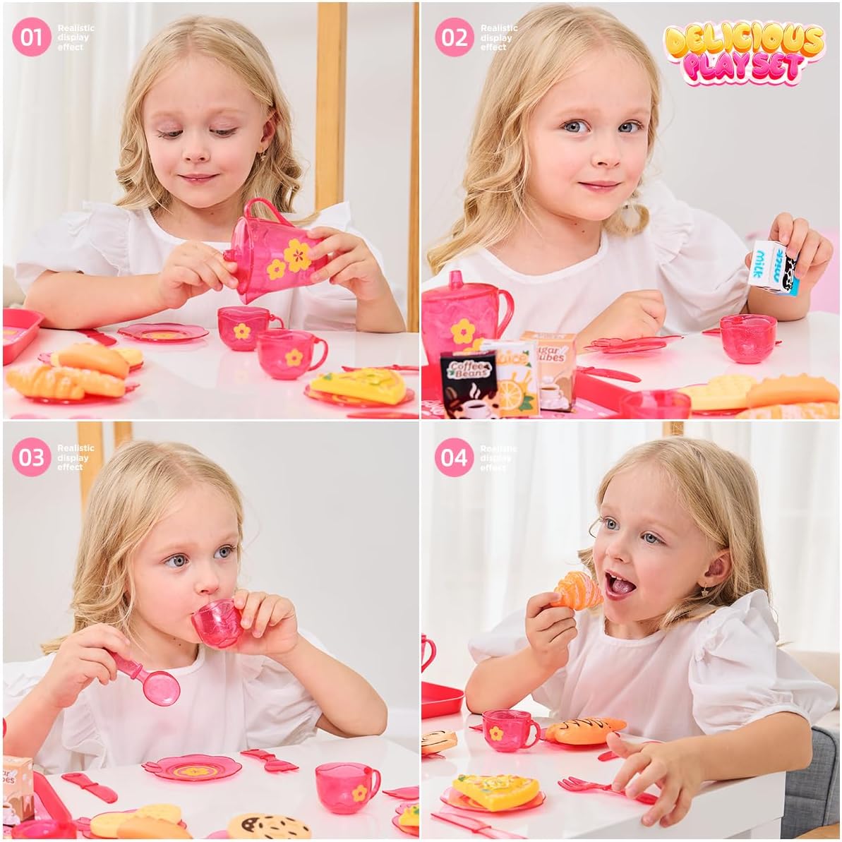 BEANGEL Tea Party Playset for Girls, Afternoon Tea Toy Set, Pretend Play Toy with Teapot, Desserts, Cookies, Bread, Pizza, Milk, Juice, Suitcase Storage Box, Ages 3-8