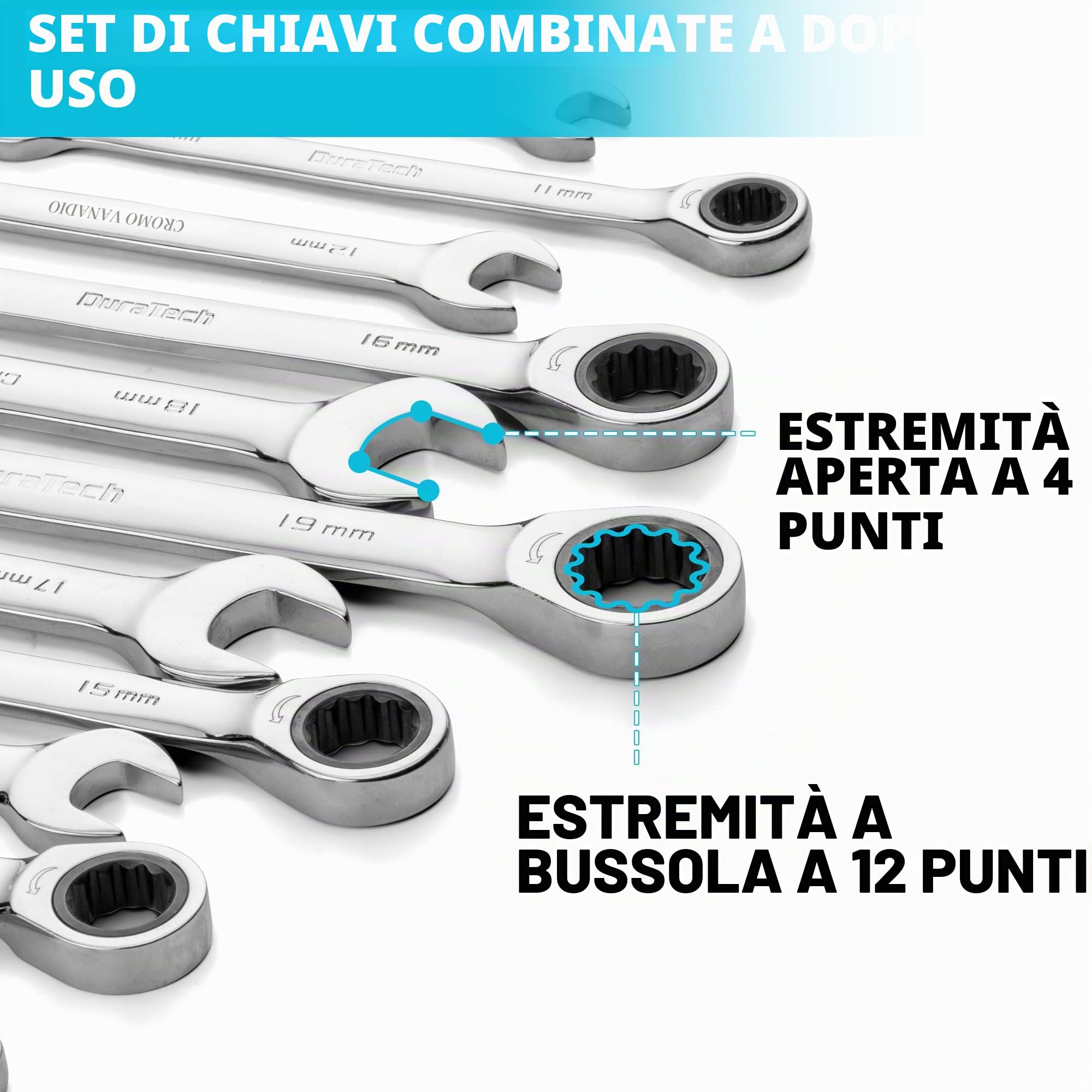 DURATECH Set di Chiavi a Cricchetto, Set di Chiavi Combinate a Testa Fissa, Metrica, 10 Pezzi, 8-19mm, in Acciaio Cr-V, Organizzato in Valigetta Per il Trasporto