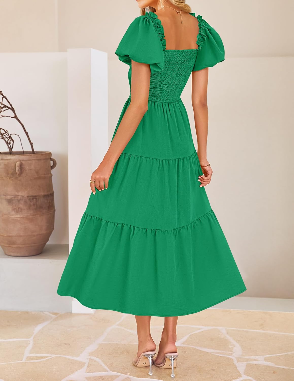 ZESICA Womens Summer Casual Flowy Vacation Maxi Dress 2026 Short Puff Sleeve A Line Smocked Cutout Beach Party Dresses - Image 4