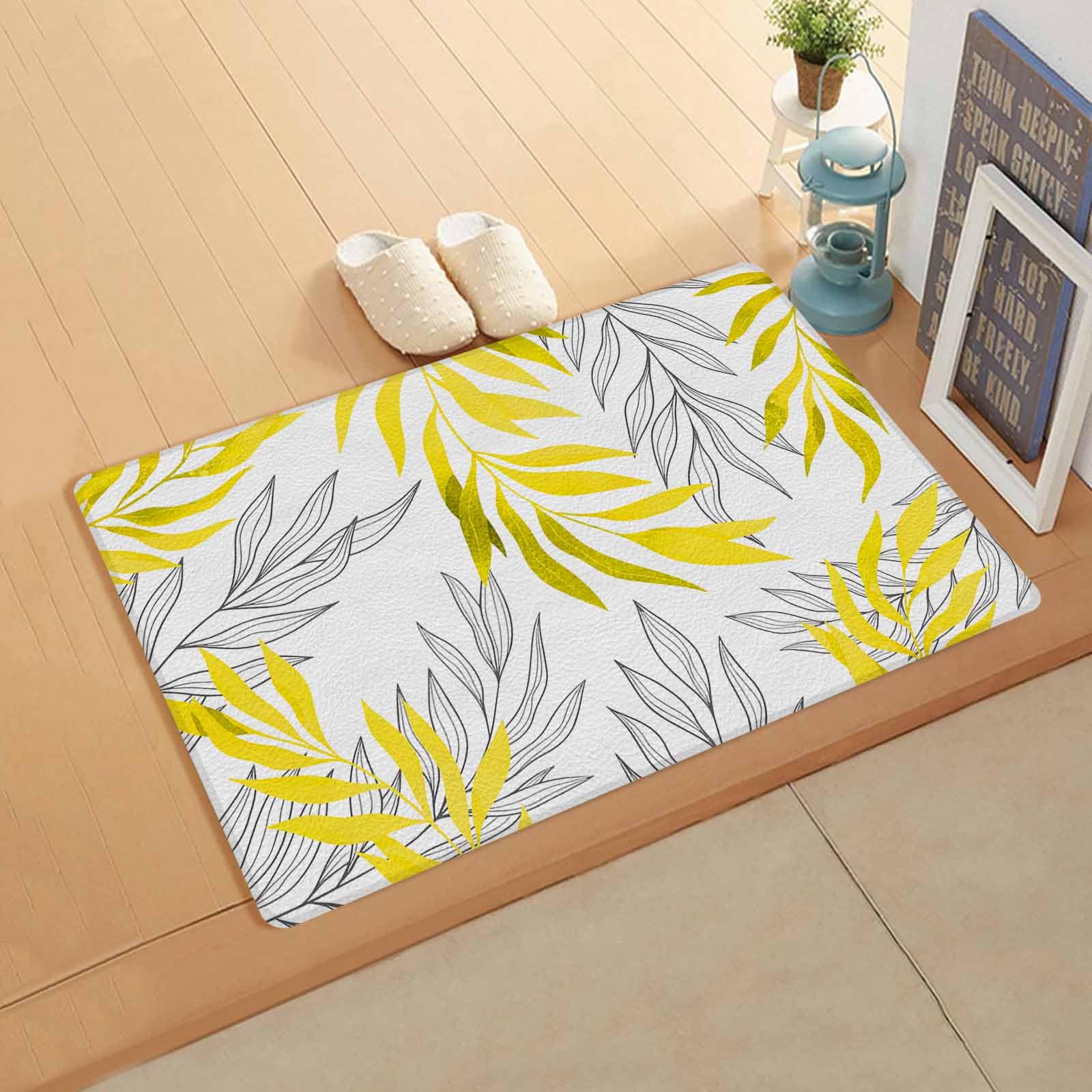 Yellow Leaves Kitchen Bath Door Mat Cushioned Runner Rug,Washable Welcome Floor Sink Antifatigue Mat,Waterproof Non-Slip Comfort Standing Doormat,Abstract Minimalist White Middle Century Line 18