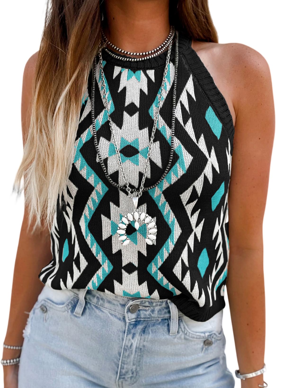 marzxin Women Sleeveless Sweater Tank Round Neck Casual Aztec Geometric Knit Sweater Top-picture-37