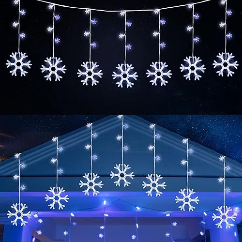 Miniatura 8 de Minetom Luces de carámbano de copo de nieve de Navidad para exteriores, 7 pies, 7 gotas, 70 luces LED de copo de nieve, conectables para interiores