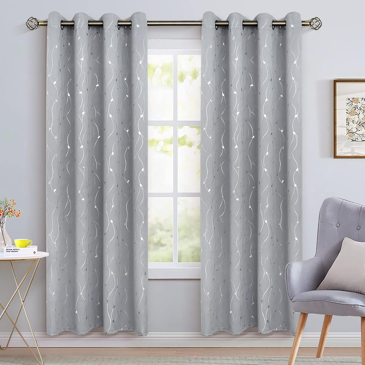BGment Room Darkening Curtains 84 Inches Long, Grommet Thermal Insulated Blackout Curtains with Wave Line and Dots Printed for Bedroom, 2 Panels, Each 52 x 84 Inch, Light Grey 52"W x 84"L (Pack of 2) Dot-light Grey