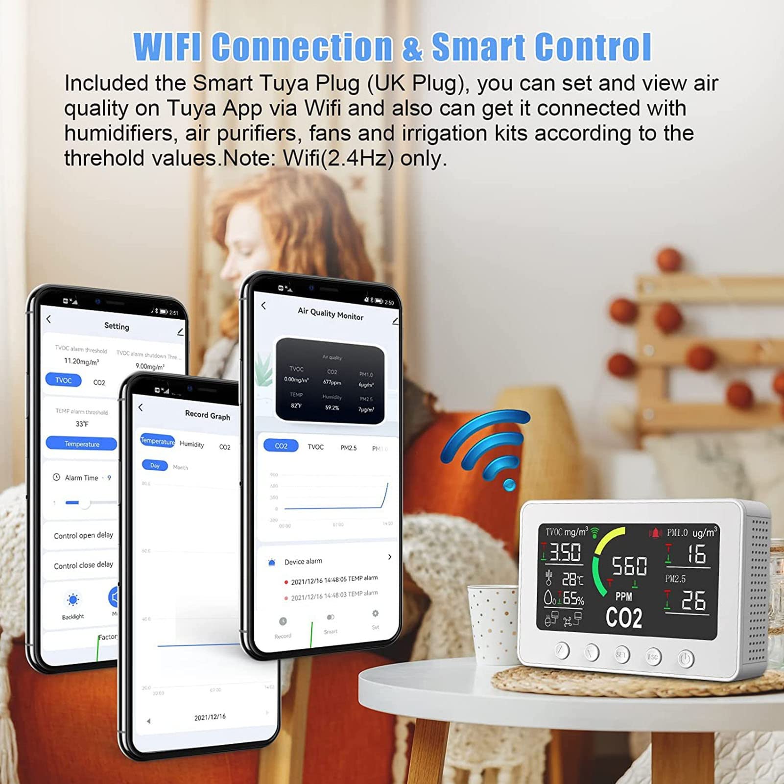 Socobeta Monitor Jakości Powietrza w Pomieszczeniu 7 w 1 z Dużym Ekranem LCD CO2 TVOC PM2.5 Detektor Temperatury i Wilgotności dla Domowej Kuchni Szklarnia Biurowa (Wtyczka UE)