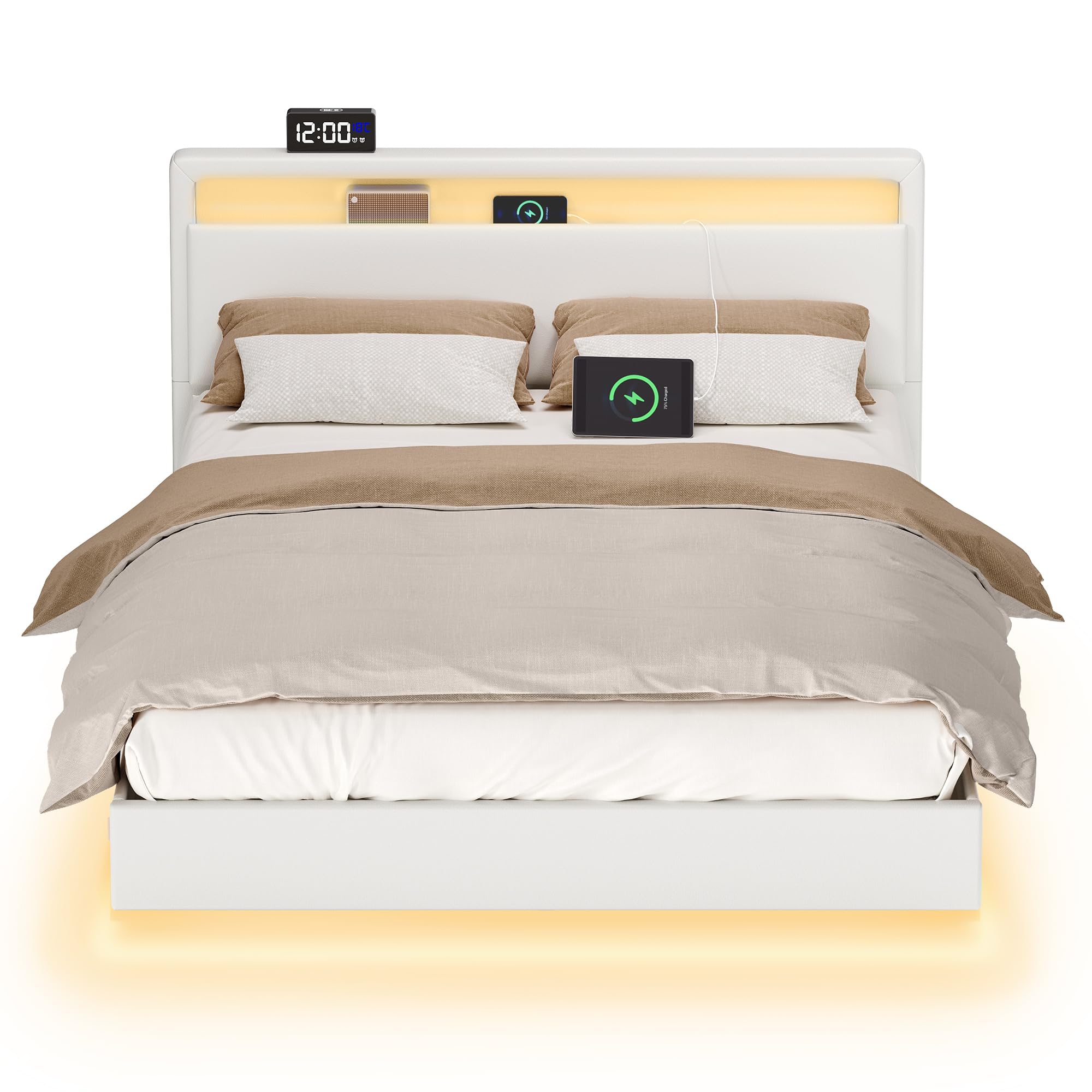 VASAGLE Bettgestell, Doppelbettgestell, 140 x 200 cm, schwebender visueller Effekt, Bett mit LED-Beleuchtung, hohem Kopfteil, Ladestation, modern, wolkenweiß RMB864W01