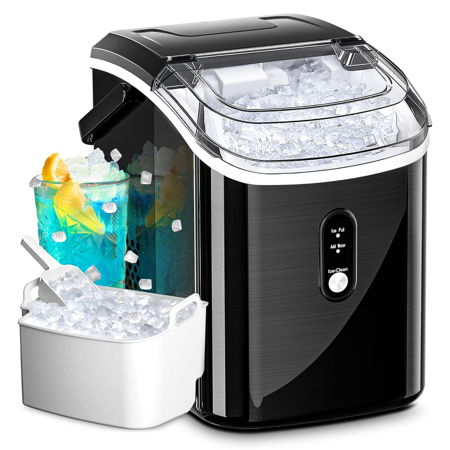 Nugget Ice Maker Countertop with Crushed Ice, 35lbs/Day, Portable Ice Maker Countertop with Handle, One-Click Operation, Compact Design, Sonic Pellet Ice Maker for Home & Bar(Black)