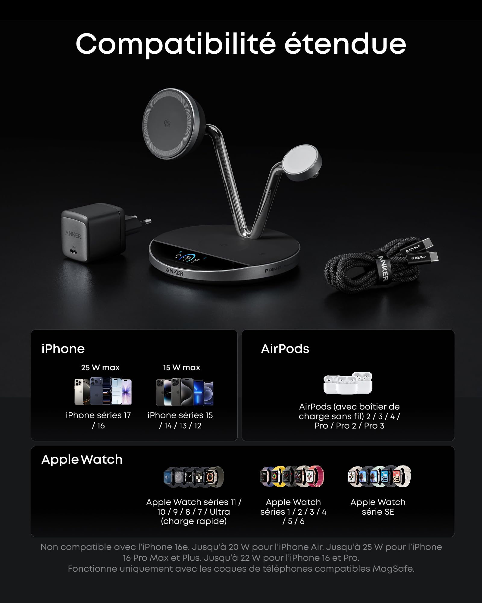 Anker Prime Station de Charge 3 en 1 Certification Qi2 25 W Compatible MagSafe, Support, écran Intelligent, Refroidissement TEC Actif, pour iPhone 17, Apple Watch, AirPods et Plus