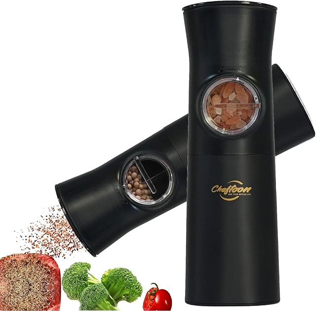 Cheftoon Gravity Electric Salt and Pepper Grinder Set - One Hand Operation, Refillable Mill, Adjustable Coarseness, LED Light, Automatic
