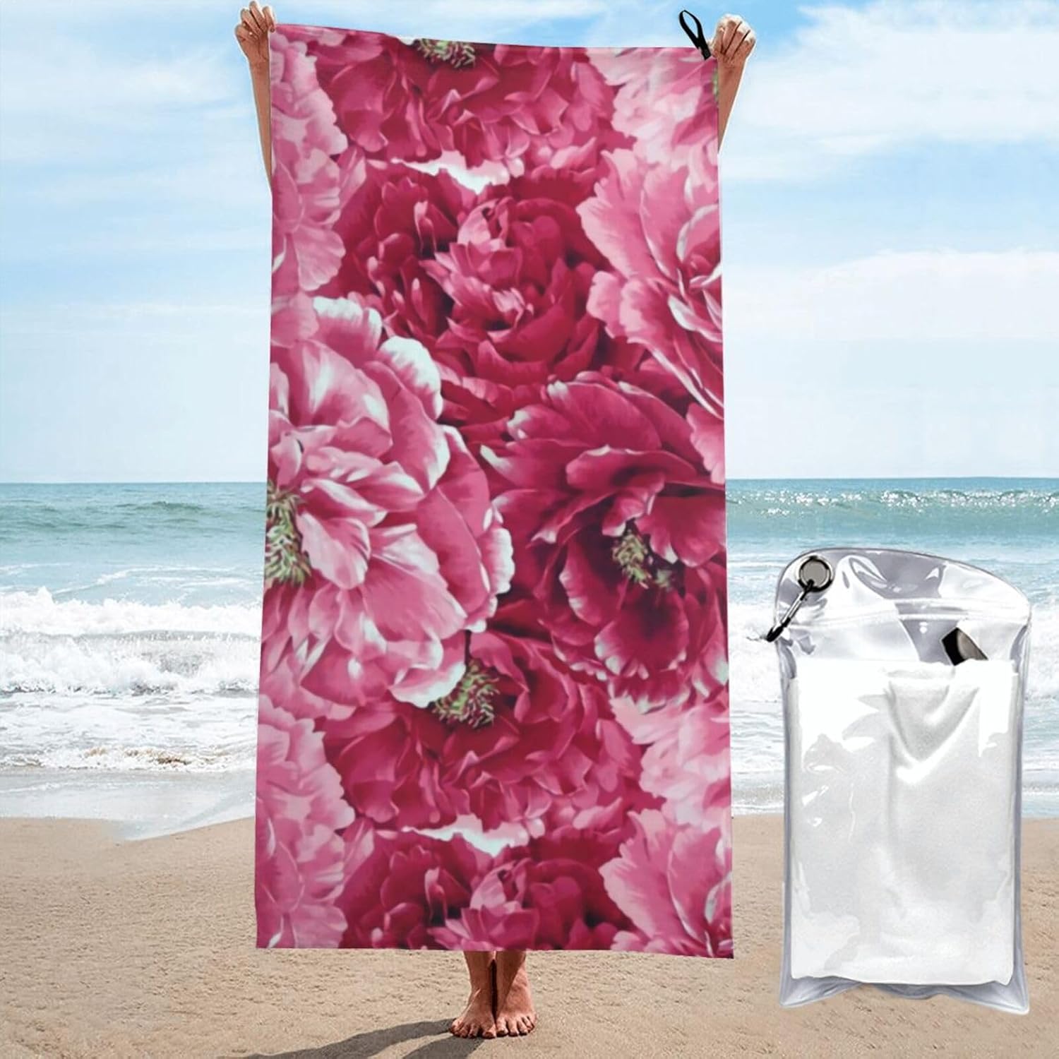 Dyale Classic Pink Peonies Clusters Floral Microfiber Beach Towel Extra Large 31.5"X63"-Quick Dry Lightweight Towel, Compact Fast Drying Towel for Travel, Swimming Pool
