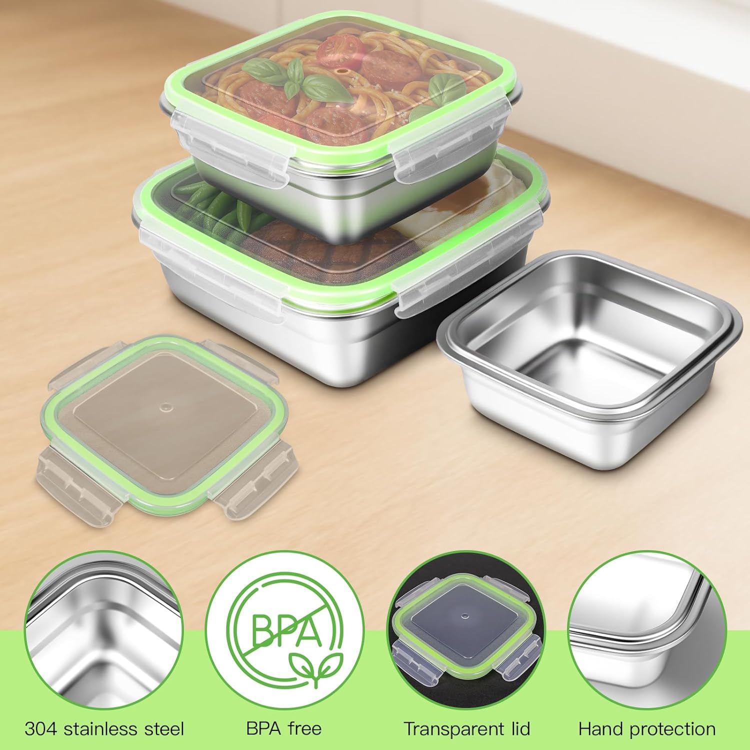 3 Pack Stainless Steel Sandwich Containers with Leak-Proof Lids, BPA-Free Airtight Metal Food Storage Boxes for Lunch, Snacks, Meal Prep – Reusable, Stackable, Dishwasher & Freezer Safe(Green) - Image 3