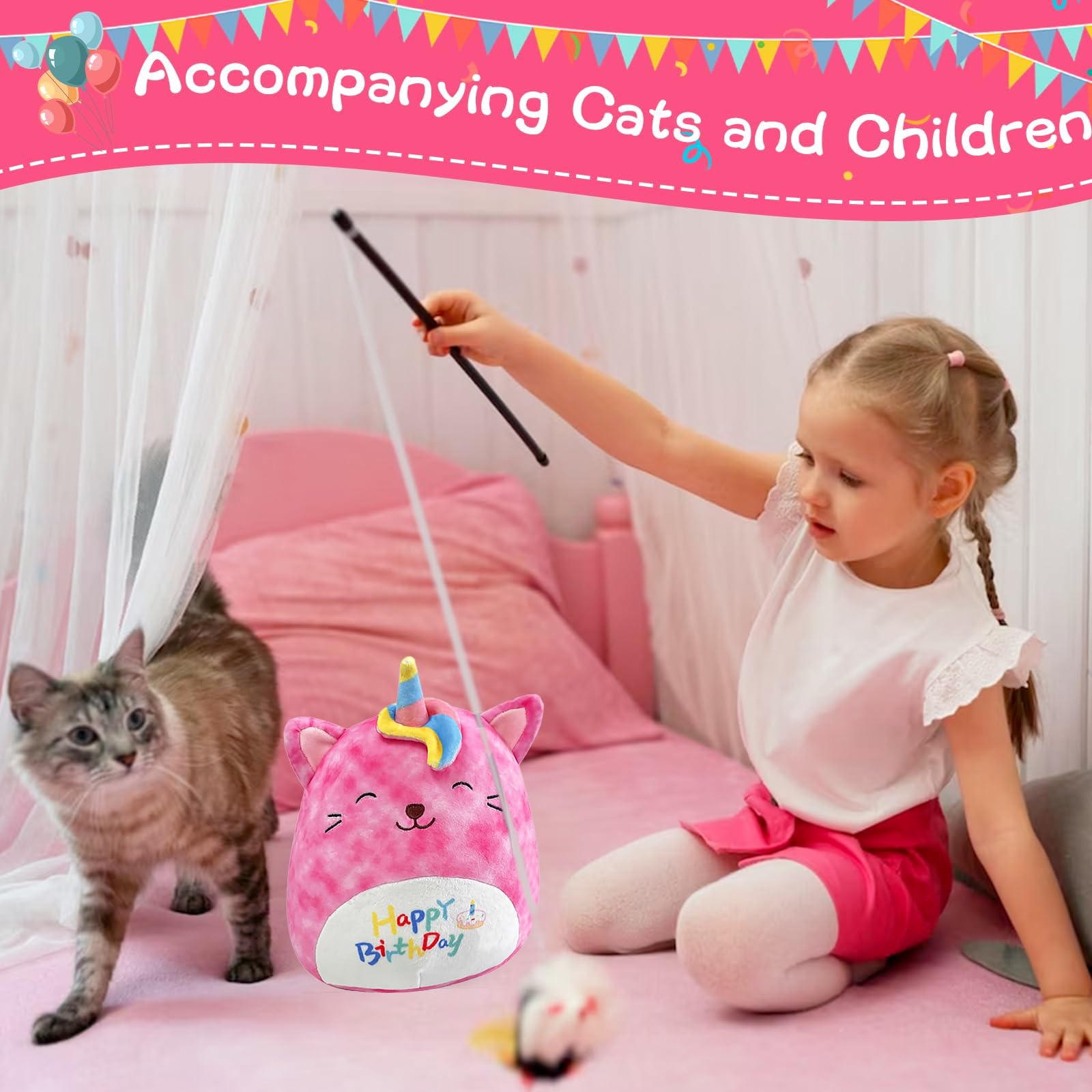 POPOYU Einhorn Kuscheltier Einhorn Plüschtier,25CM Happy Birthday Katze Geburtstag Kuscheltiere Mädchen,Plüschkissen für Kinder,Geburtstag Stofftiere Plüsch-Puppe Stofftier Geschenk
